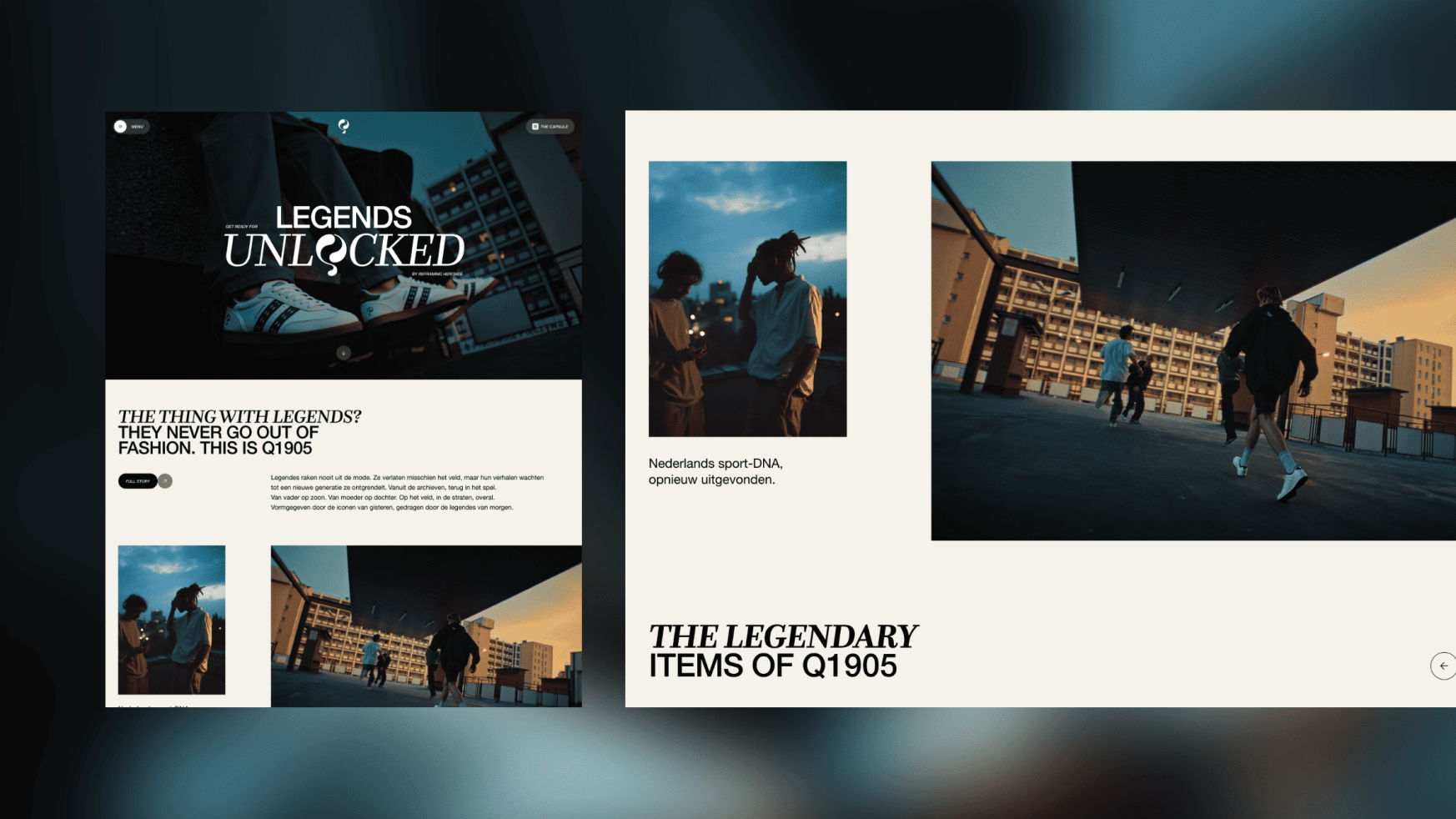 Twee moderne webpagina's met urban streetwear-foto's, opvallende typografie en een strakke, minimalistische lay-out.