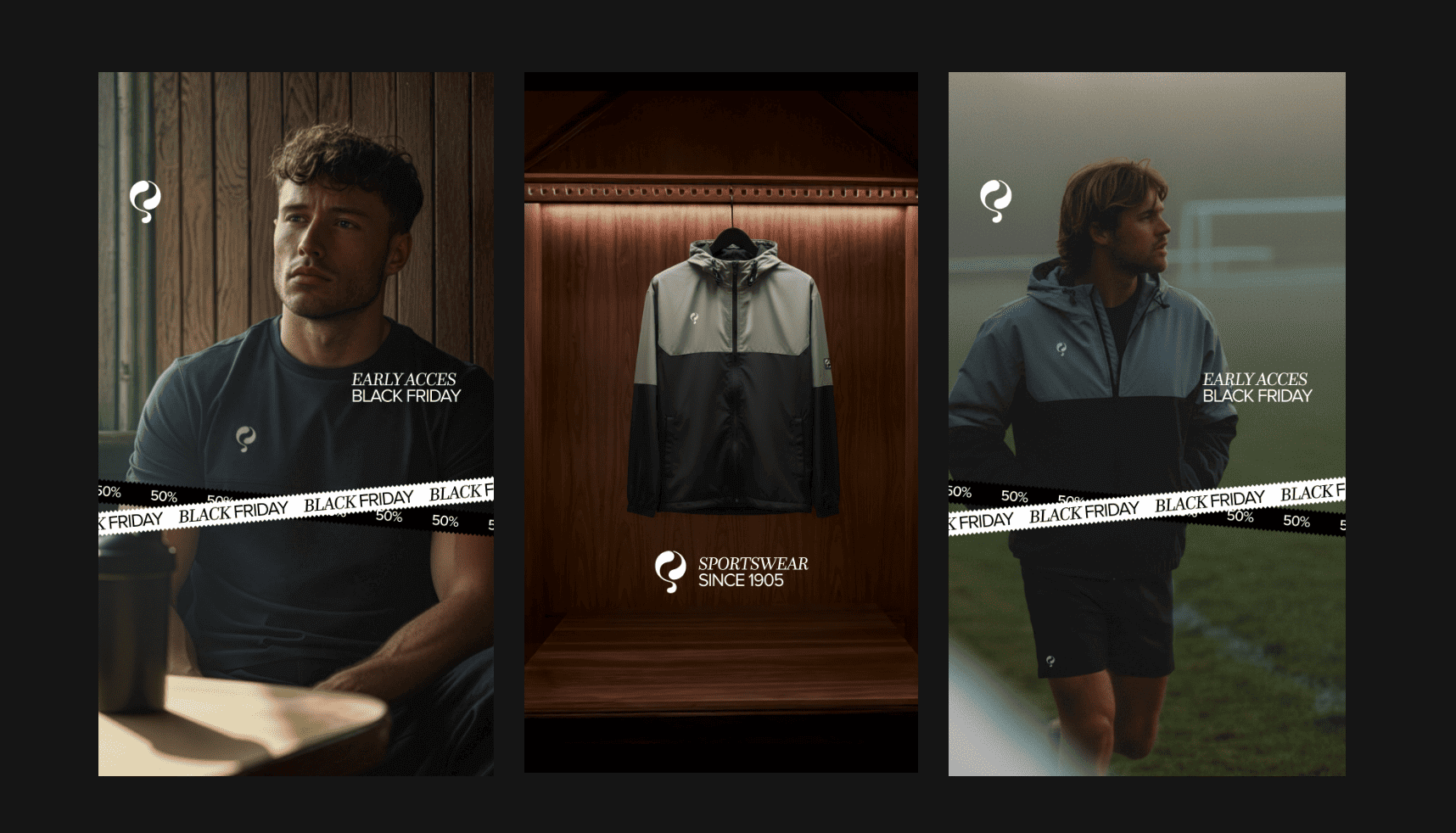 Black Friday-advertenties voor sportkleding: twee mannen in jassen, met een hoodie prominent in het midden.