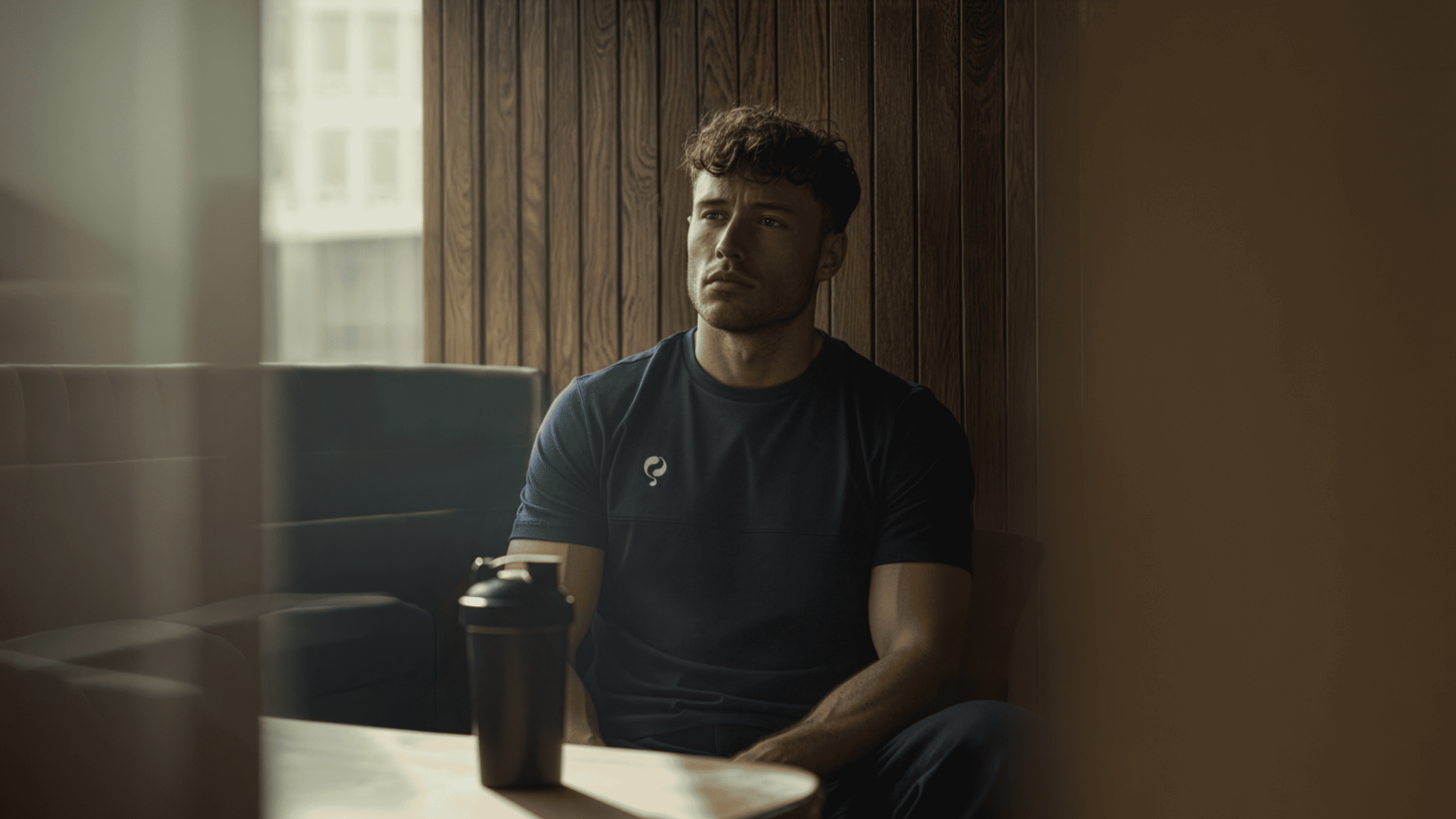 Man in donker T-shirt zit binnenshuis bij een houten wand, shakerfles op de tafel voor hem.