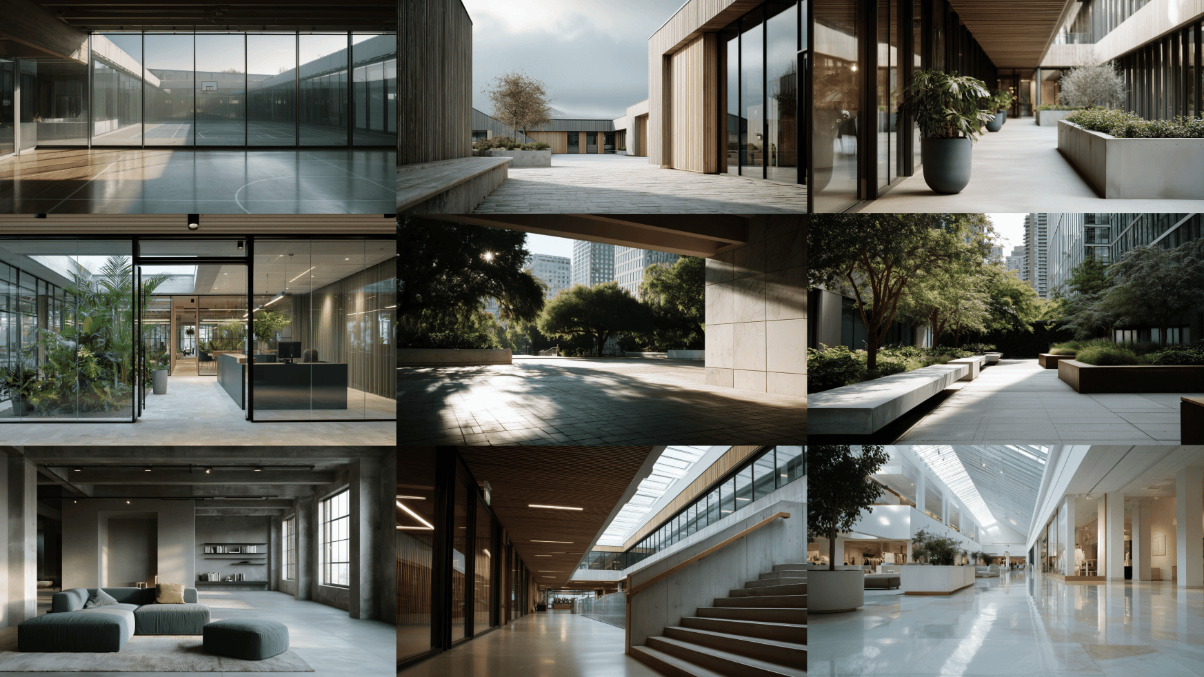 Collage van strakke kantoorinterieurs en -buitenkanten met glazen wanden, weelderig groen en open binnenplaatsen.