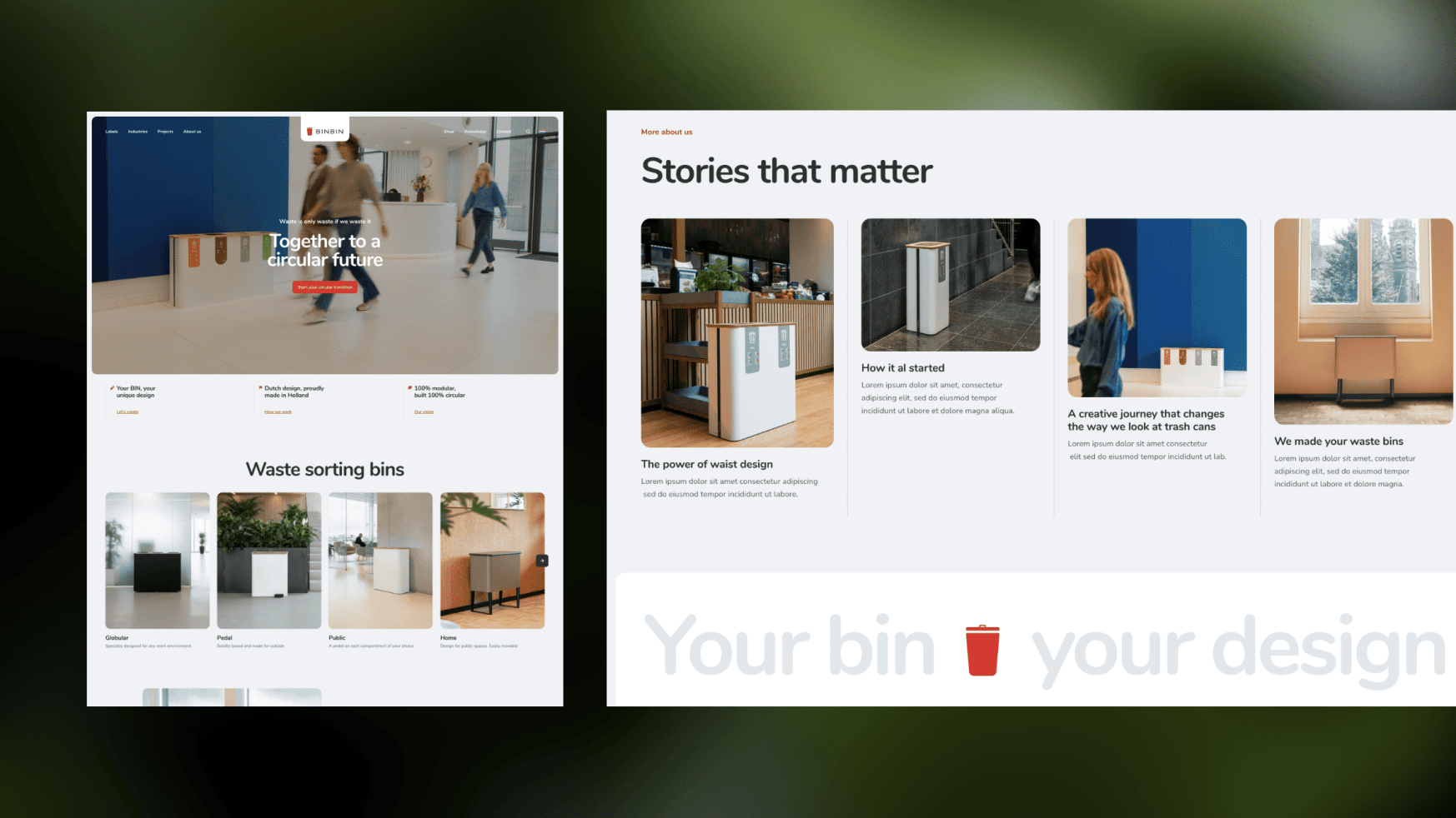 Moderne mockup van website met strakke afvalsorteerbakken, duurzame ontwerpaccenten en gedeelten met gebruikersverhalen.