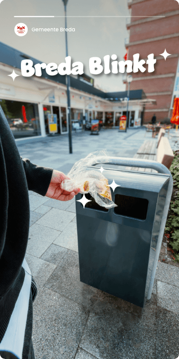 Persoon gooit eten in een vuilnisbak, "Breda Blinkt" erboven afgebeeld.