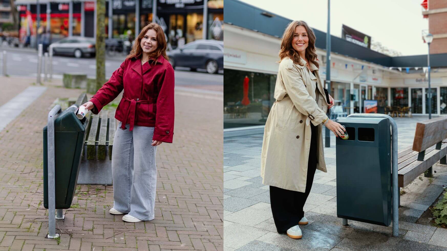 Twee vrouwen glimlachen terwijl ze een prullenbak gebruiken in een stadsstraat.