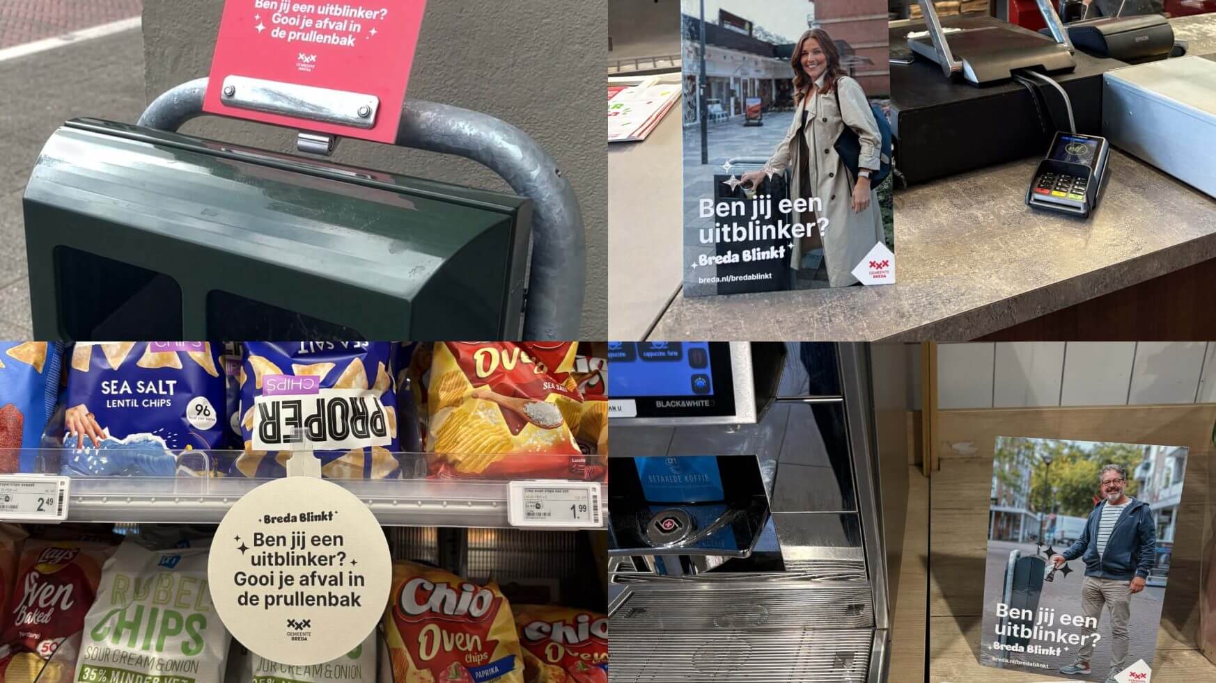 Nederlandse borden met de tekst "Ben jij een uitblinker?" bij afvalbakken en winkels op vier openbare locaties.