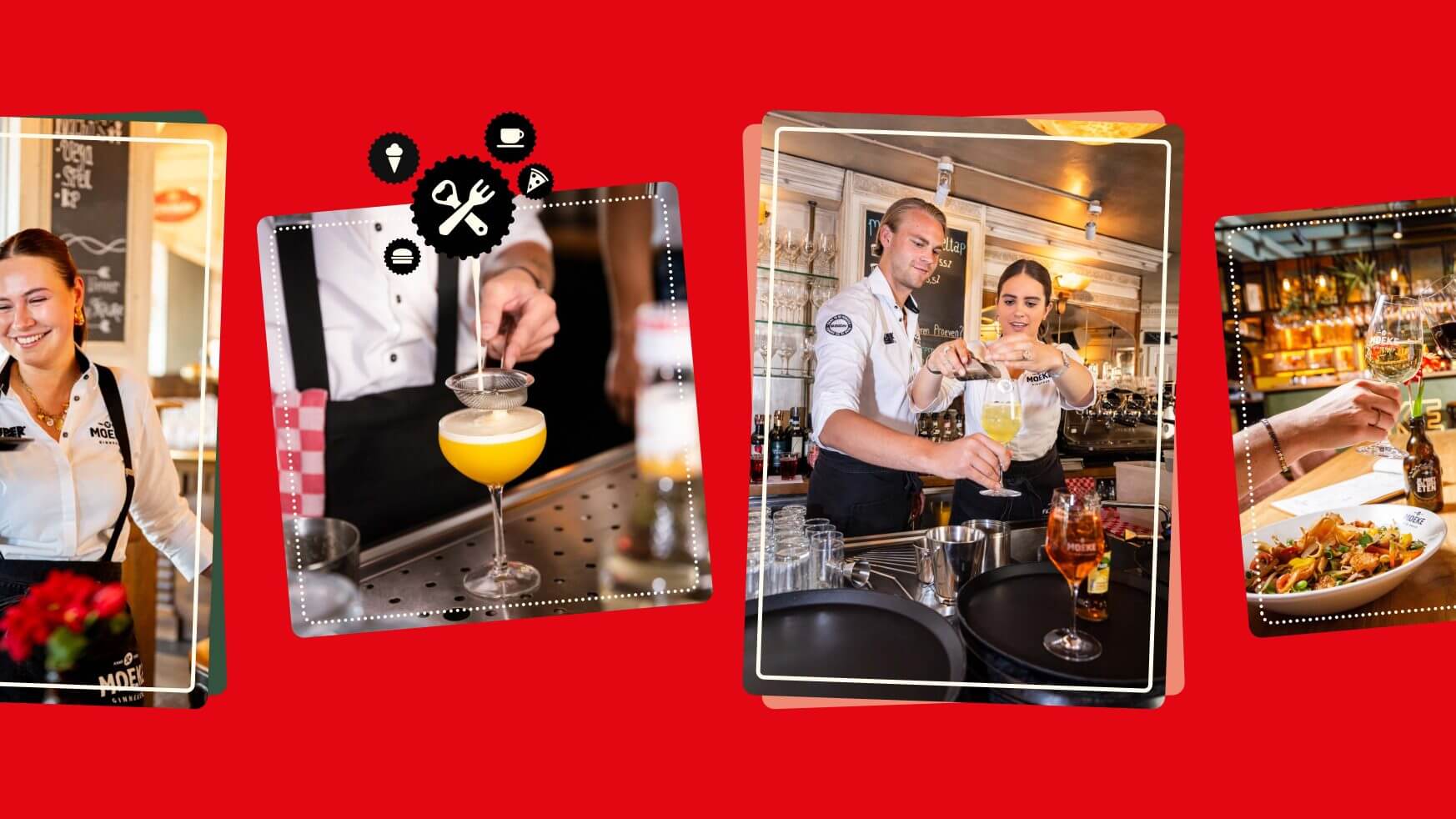 Barpersoneel mixt drankjes en serveert eten in een levendig restaurant tegen een knalrode achtergrond.