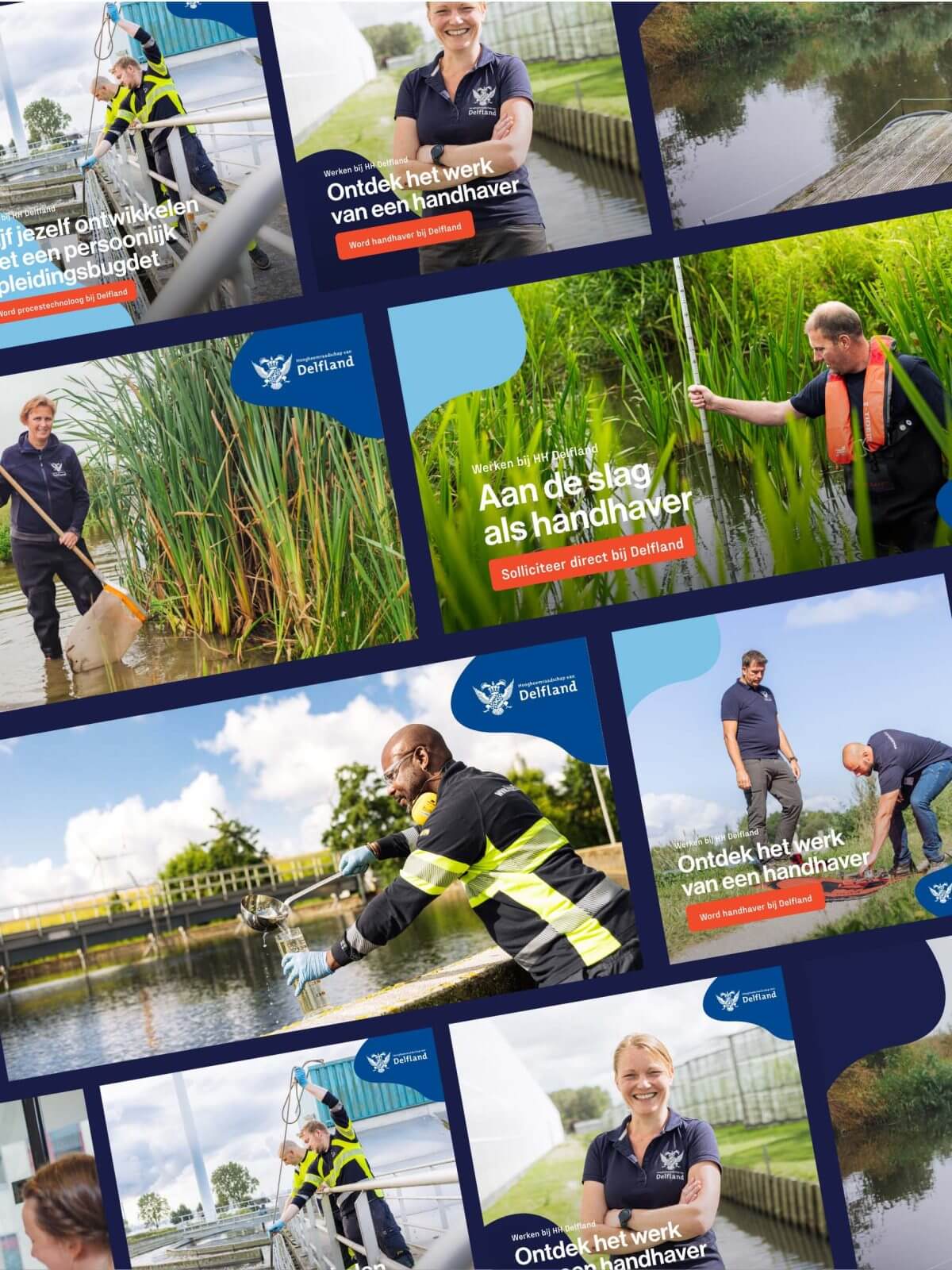 Mensen in uniform werken buiten, testen water en onderzoeken planten in een collage met een natuurthema.