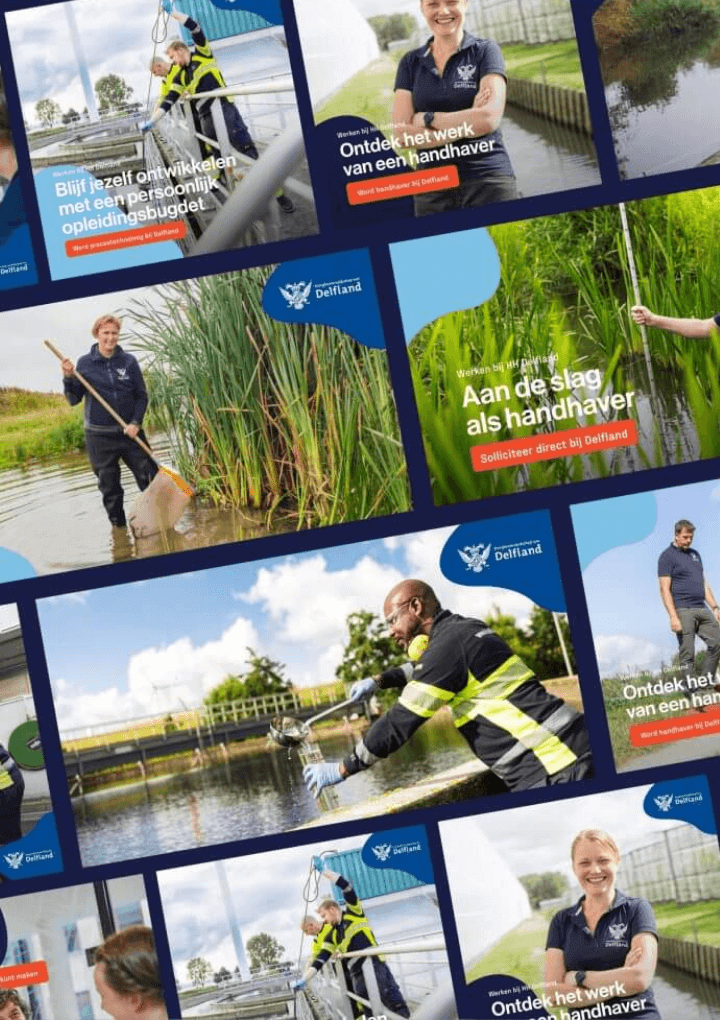 Collage van geüniformeerde mensen die buiten water en natuur schoonmaken, met Nederlandse tekstbanners.