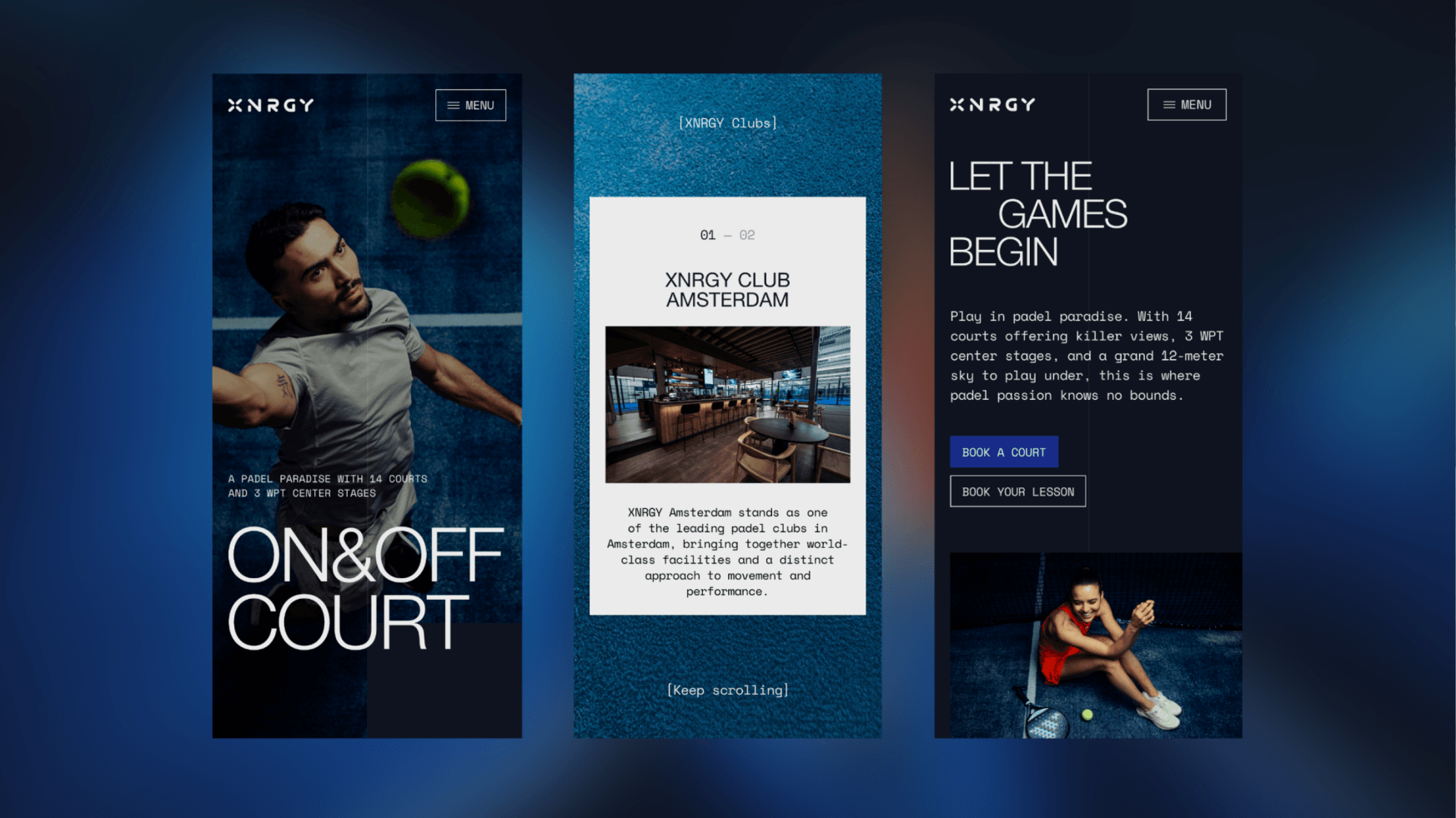 Op drie telefoons is een tennisclub-app te zien met reserveringen, clubinformatie en een foto van een speler, mogelijk gemaakt door XNRGY.