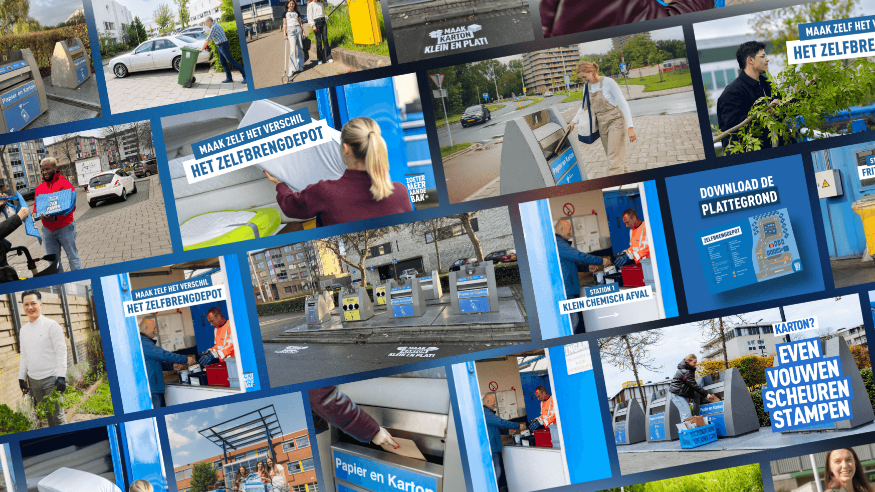 Op een collage is te zien hoe mensen papier en karton recyclen in de blauwe afvalbakken op verschillende locaties in de stad.