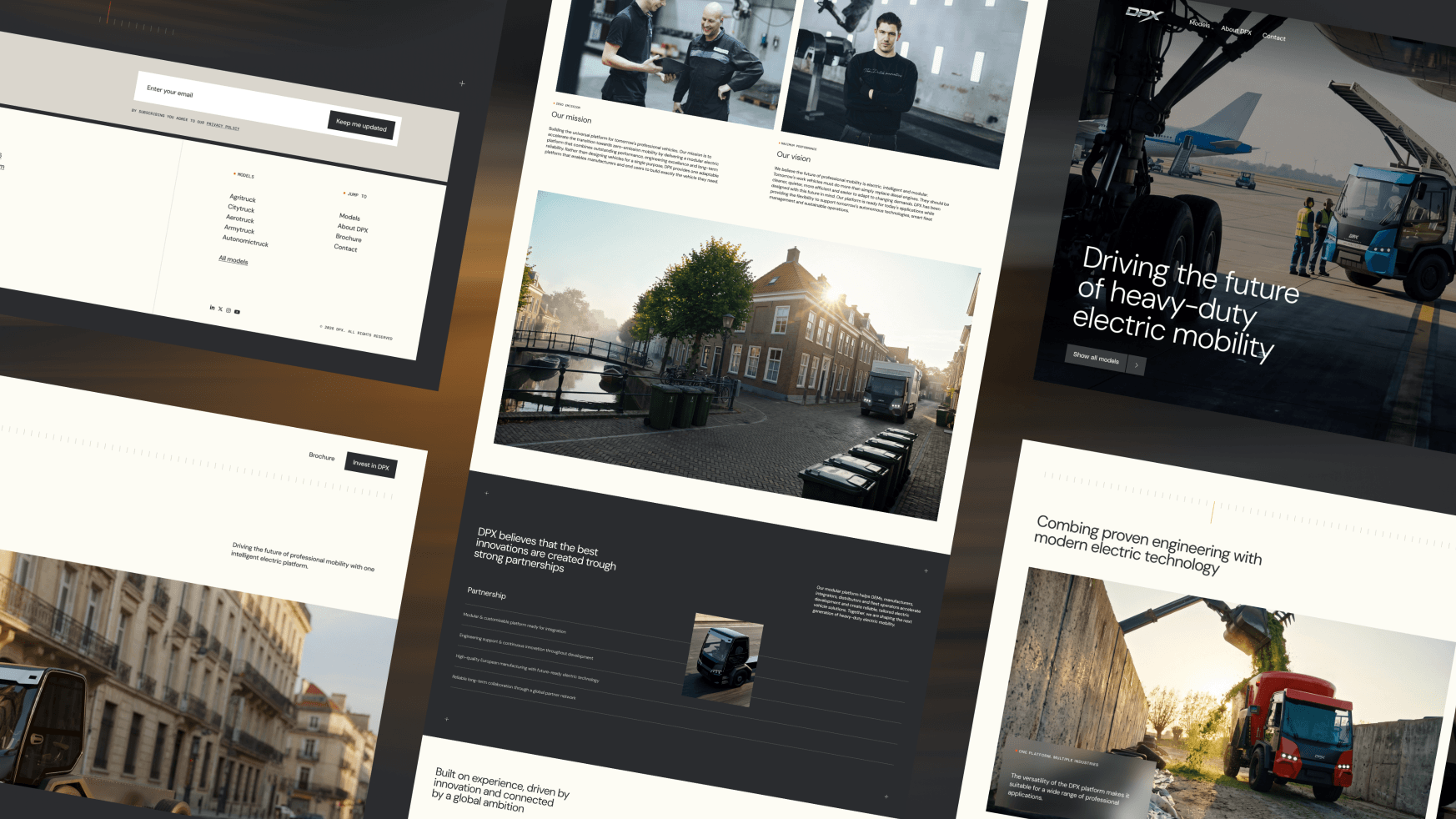 Zes hoekige website-mock-ups tonen vrachtwagens, mensen en elektrische mobiliteit, geïnspireerd door de innovatie van XNRGY Padel.