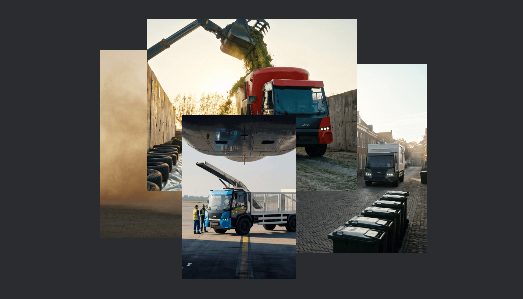 Collage van vrachtwagens die laden en lossen bij de XNRGY Padel-faciliteit, tegen een dynamische industriële achtergrond.