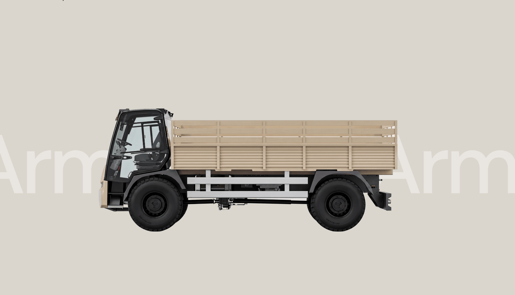 Beige vrachtwagen met laadbak, zwarte wielen, lichtgrijze achtergrond, minimalistische XNRGY Padel-branding.