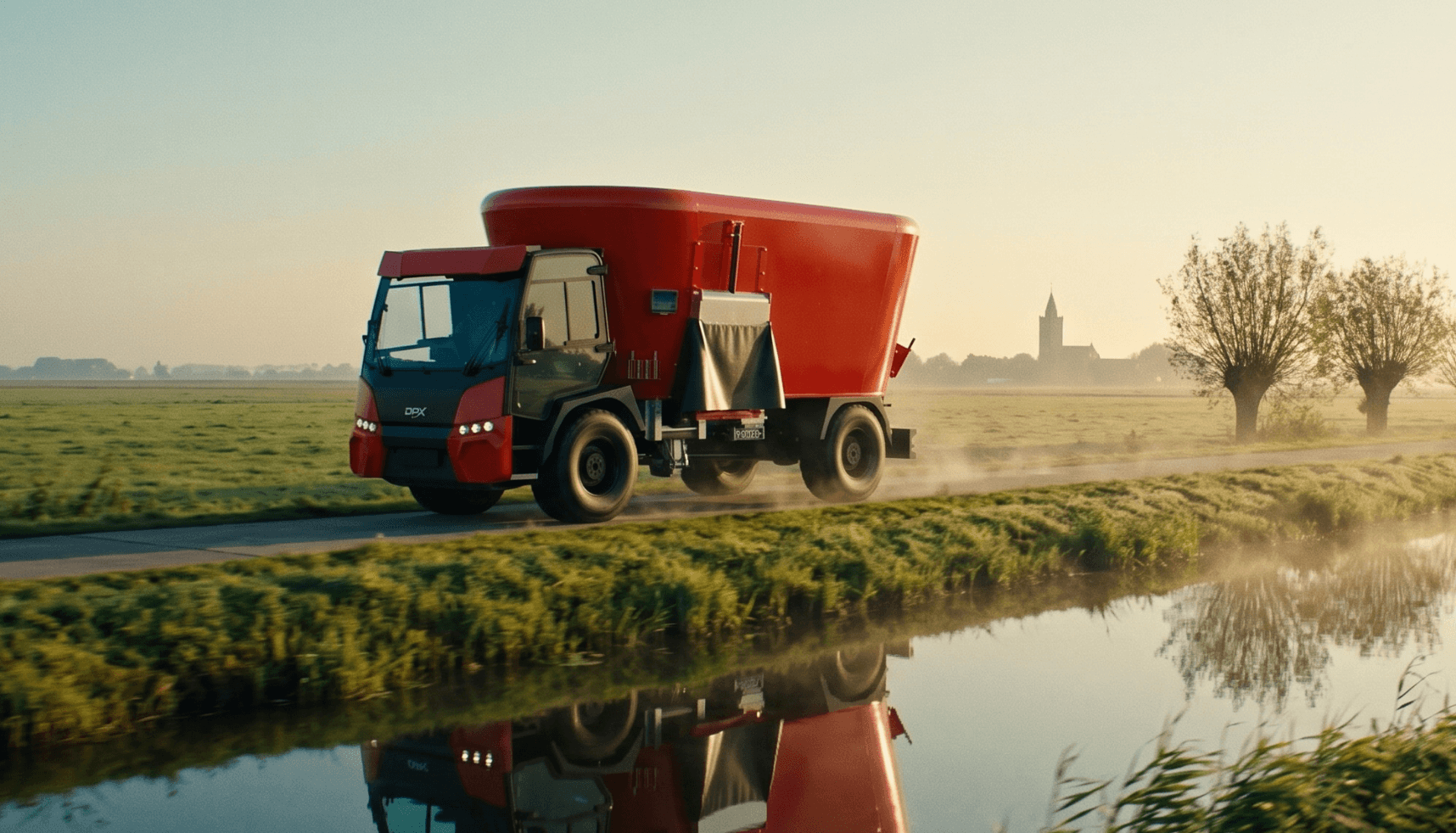 Rode boerderijvrachtwagen bij een kanaal in een landelijk landschap; een XNRGY Padel-banner geeft het vredige tafereel een sportief tintje.