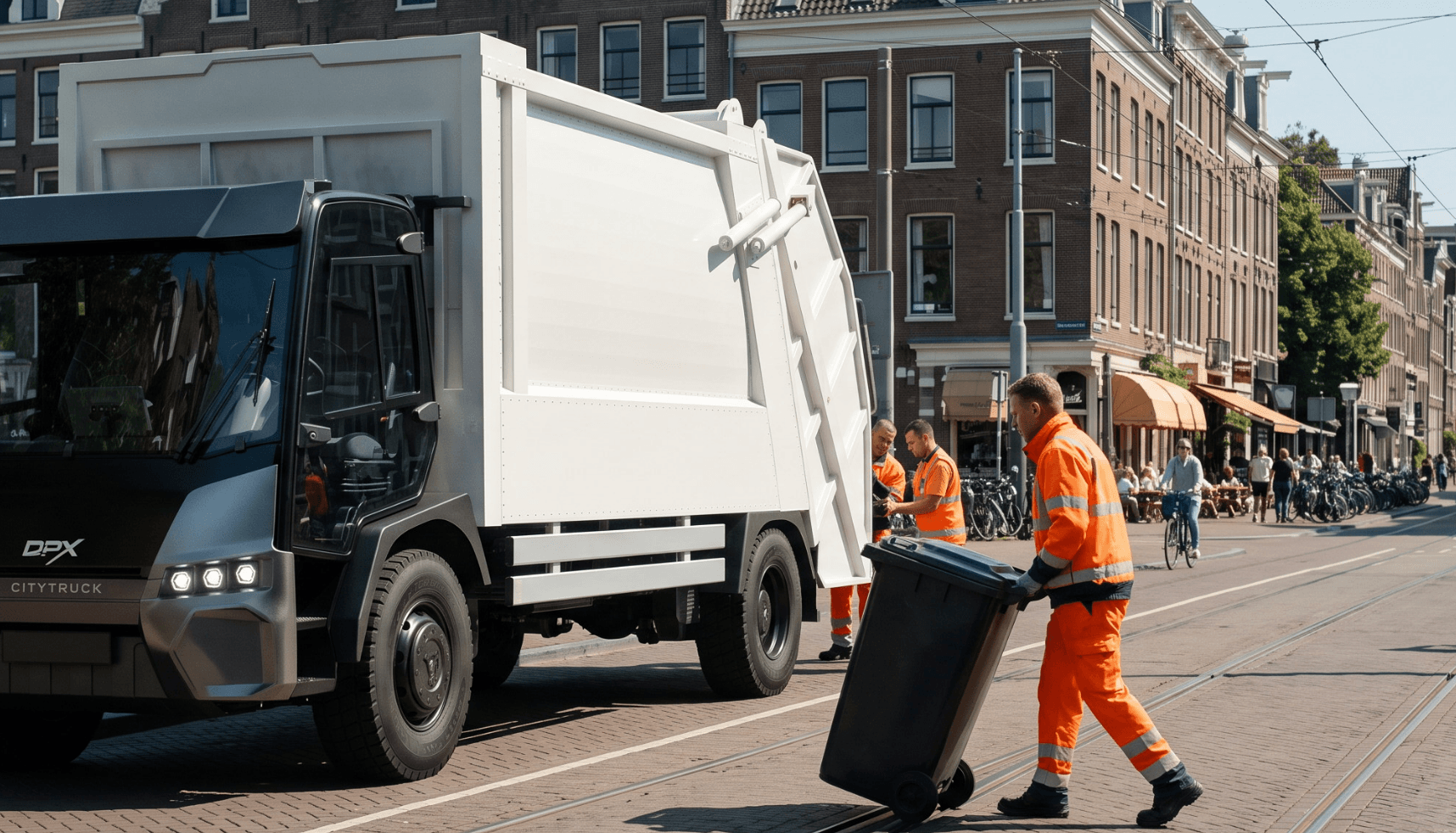 Afvalmedewerkers in oranje verzamelen afvalbakken naast een witte XNRGY Padel-vrachtwagen in een straat in de stad.