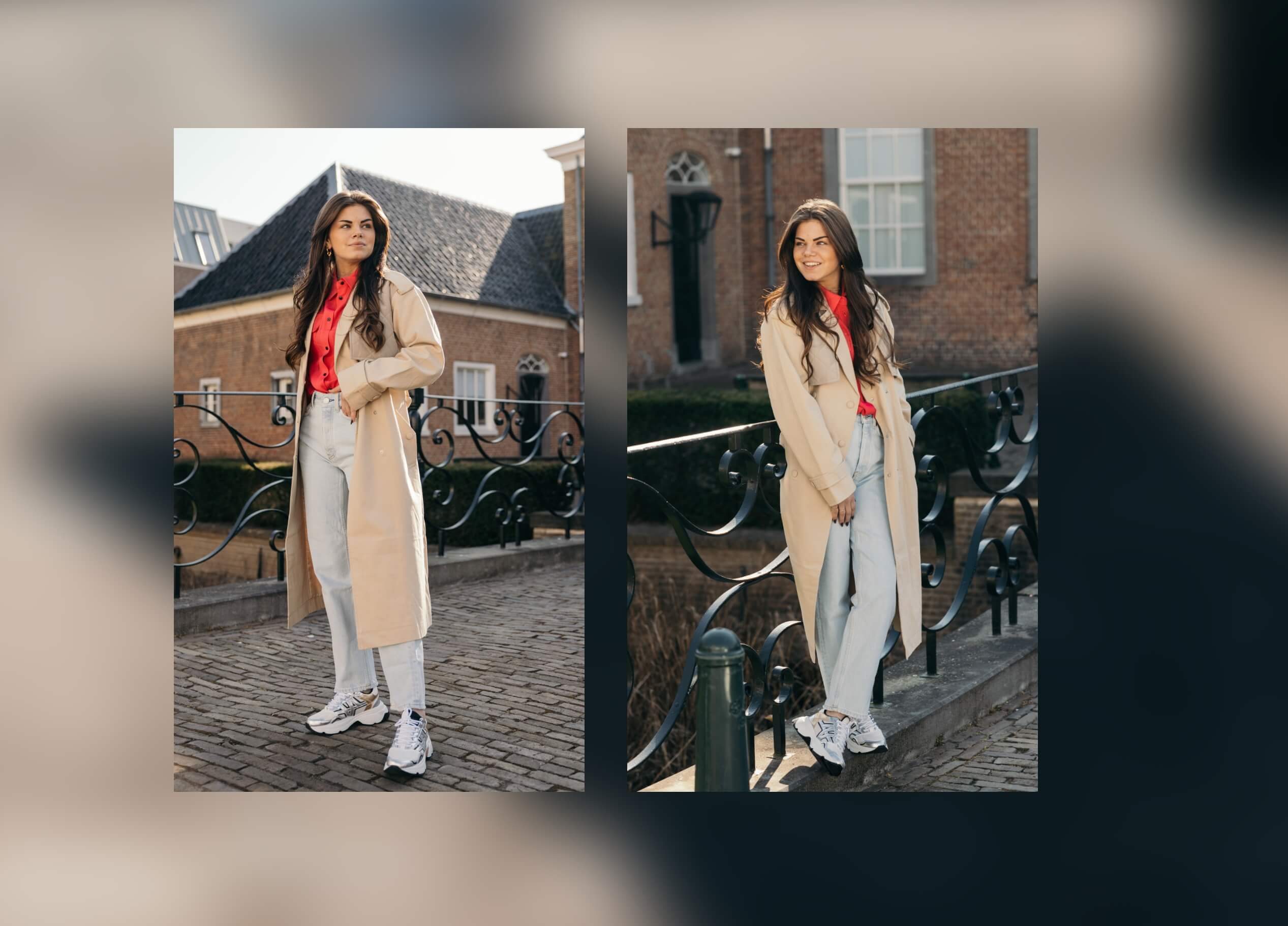 Vrouw in beige trenchcoat, rood topje en witte broek staat bij de straathekken.