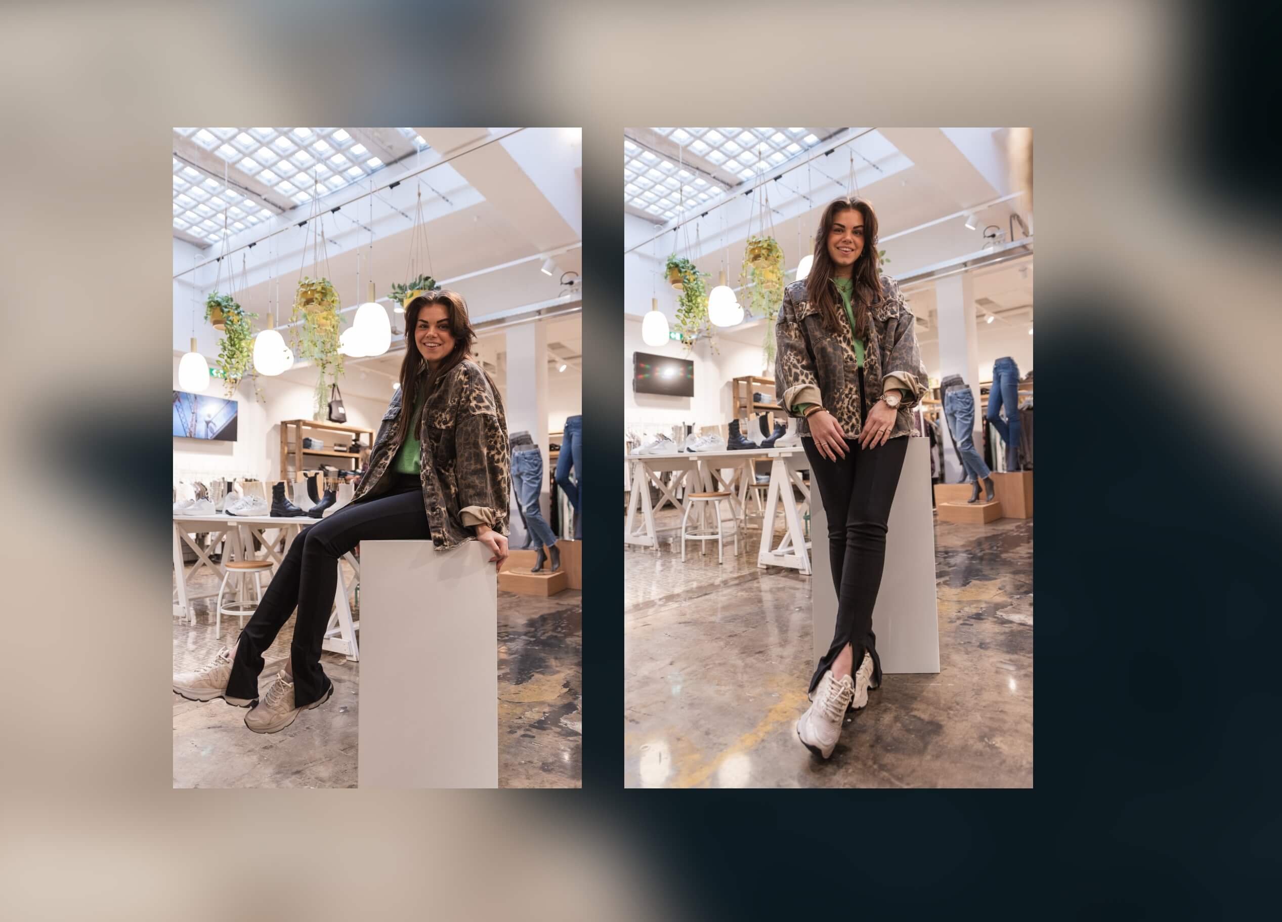 Twee vrouwen lachen in een lichte, moderne werkruimte met planten en naaimachines; de een zit, de ander staat.