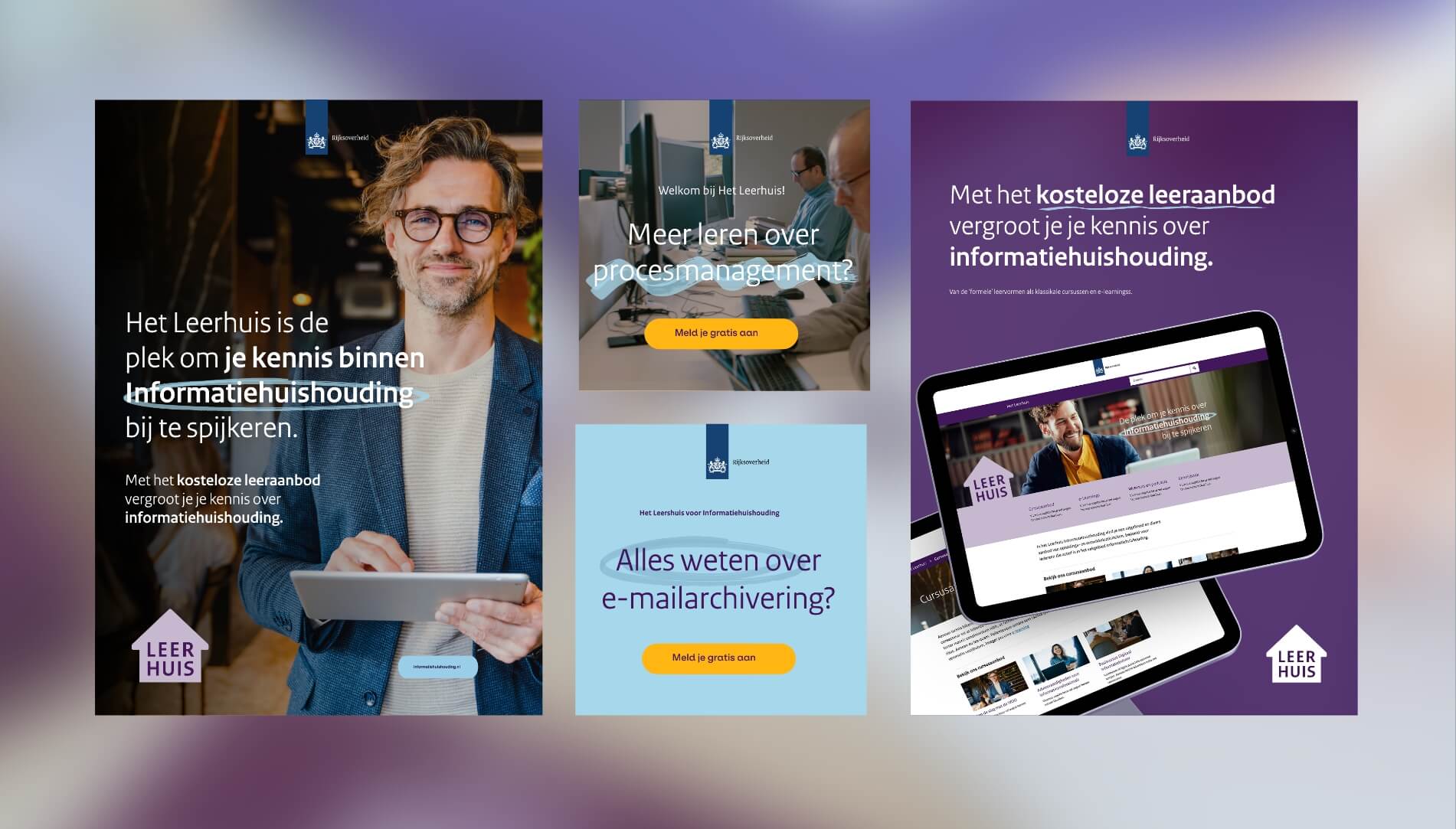 Een collage van educatieve advertenties in het Nederlands toont een persoon met een tablet en verschillende digitale apparaten waarop content wordt getoond.