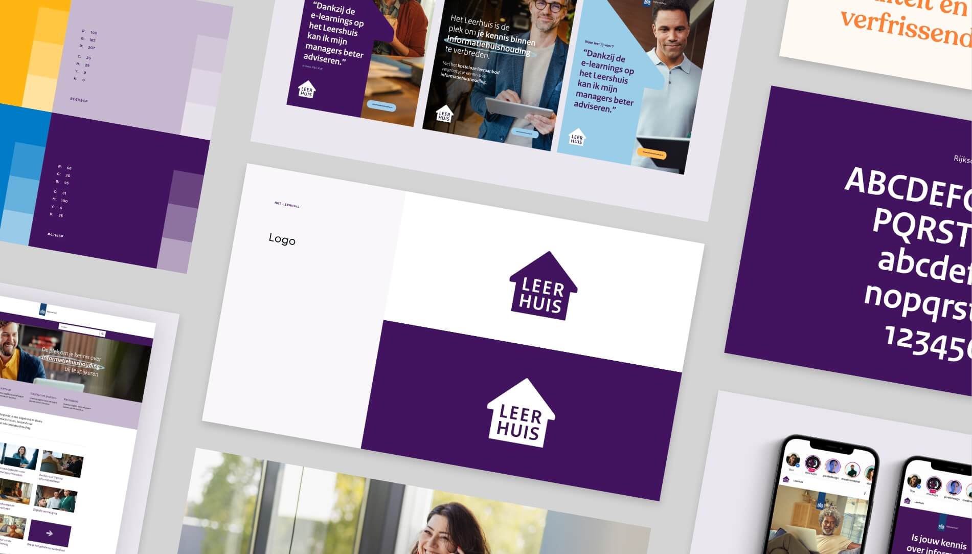 Branding: LEER HUIS, logo van het paarse huis, inclusief tekst, afbeeldingen en digitale mockups.