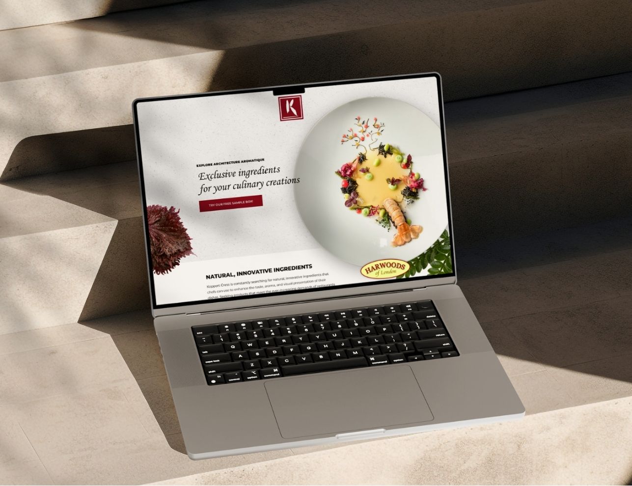 Een laptop op stenen treden toont de So Syncd-site met gastronomische gerechten en informatie over exclusieve ingrediënten.