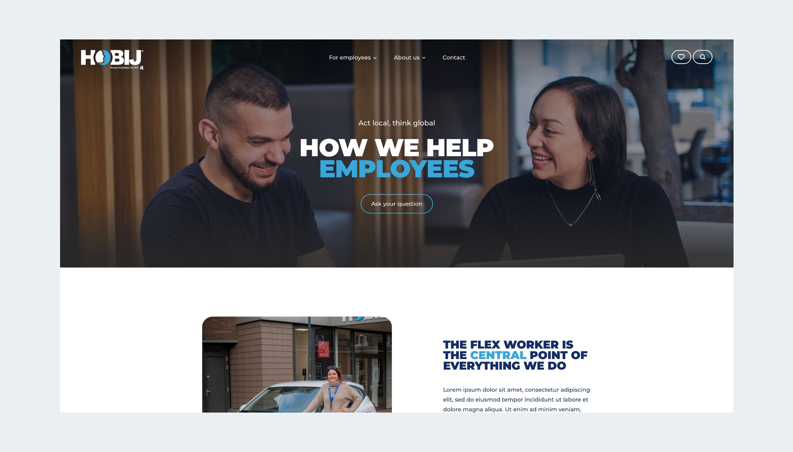 Twee mensen zitten aan een tafel te kletsen met de kop "Hoe wij werknemers helpen" op de homepage van HOBIJ.