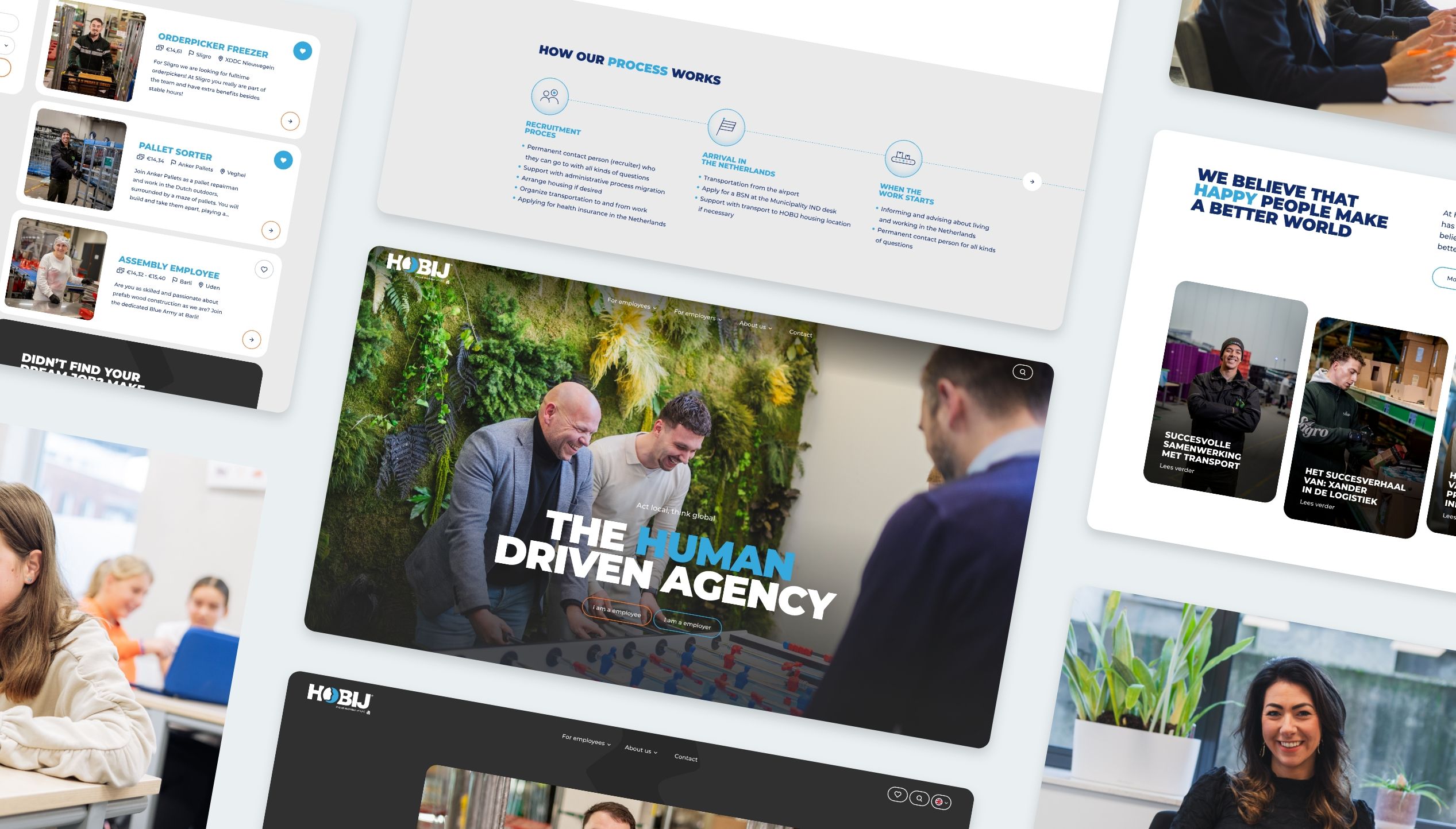 Collage van webpagina's, gelukkige teams en vetgedrukte tekst: THE HUMAN DRIVEN AGENCY door HOBIJ.
