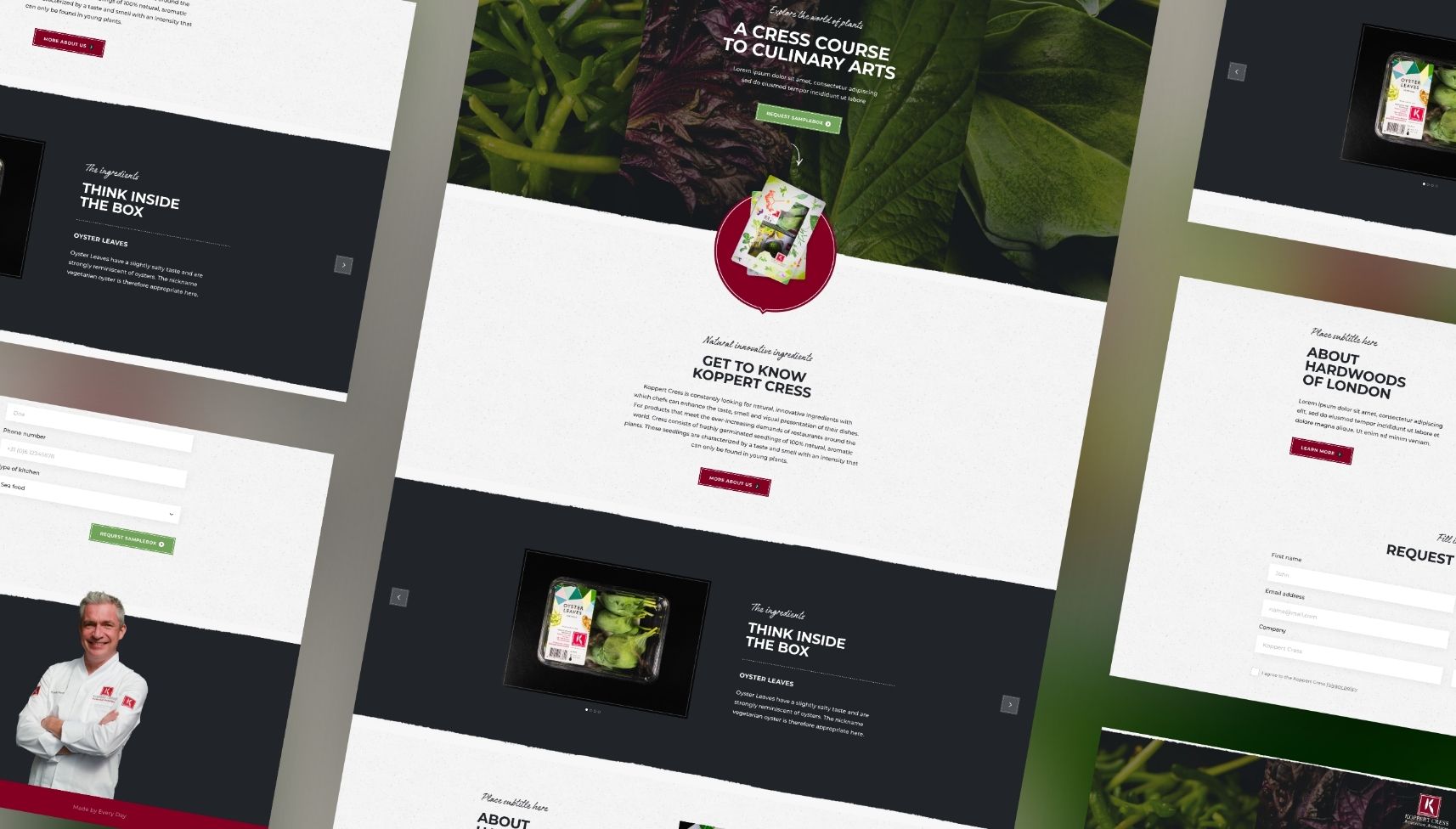 Mockup: bladgroenten, chef-koksbeelden, So Syncd-branding en producthighlights van Koppert Cress.