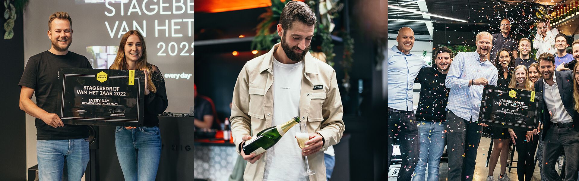Prijsuitreiking: Man met champagne; anderen poseren met een groot certificaat.