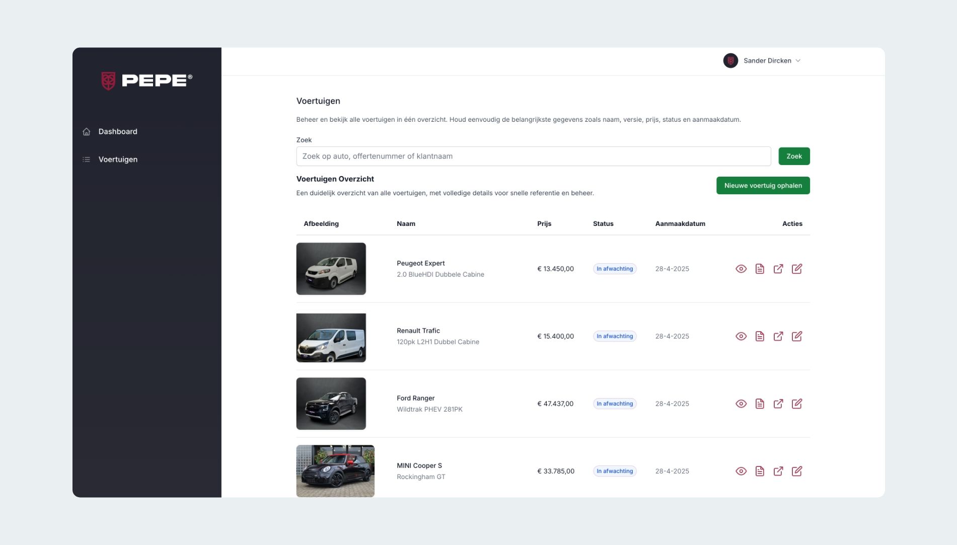 Dashboardweergave: vlootoverzicht met afbeeldingen en details van 4 Koppert Cress-voertuigen.