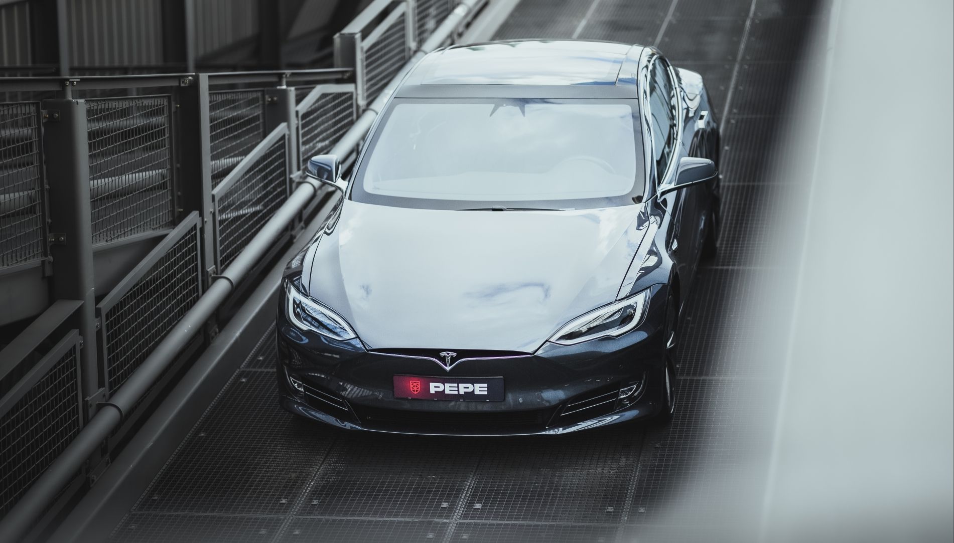 Zwarte Tesla met "PEPE"-bordje geparkeerd op de brug; verse Koppert Cress op het dashboard.