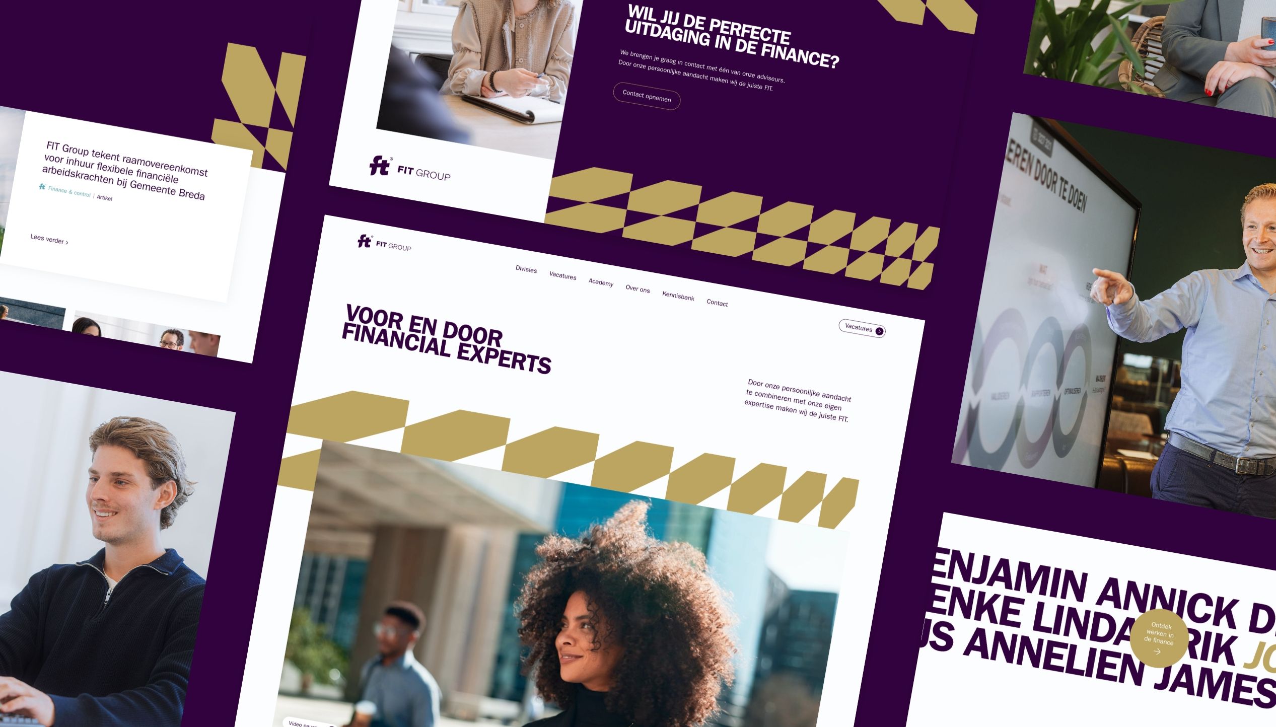 Collage van de financiële site van FIT Group: mensen, opvallende geometrische ontwerpen, Nederlandse tekst.