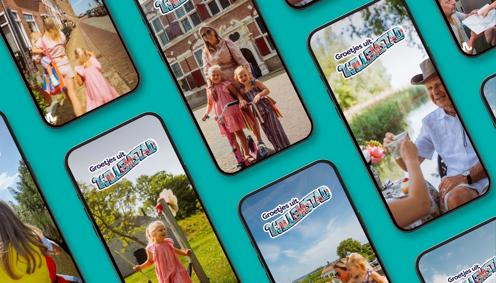 Smartphones tonen gelukkige vakantiefoto's van het gezin, "Groetjes uit Nederland," sommigen rocken Memphis Depay-uitrusting.