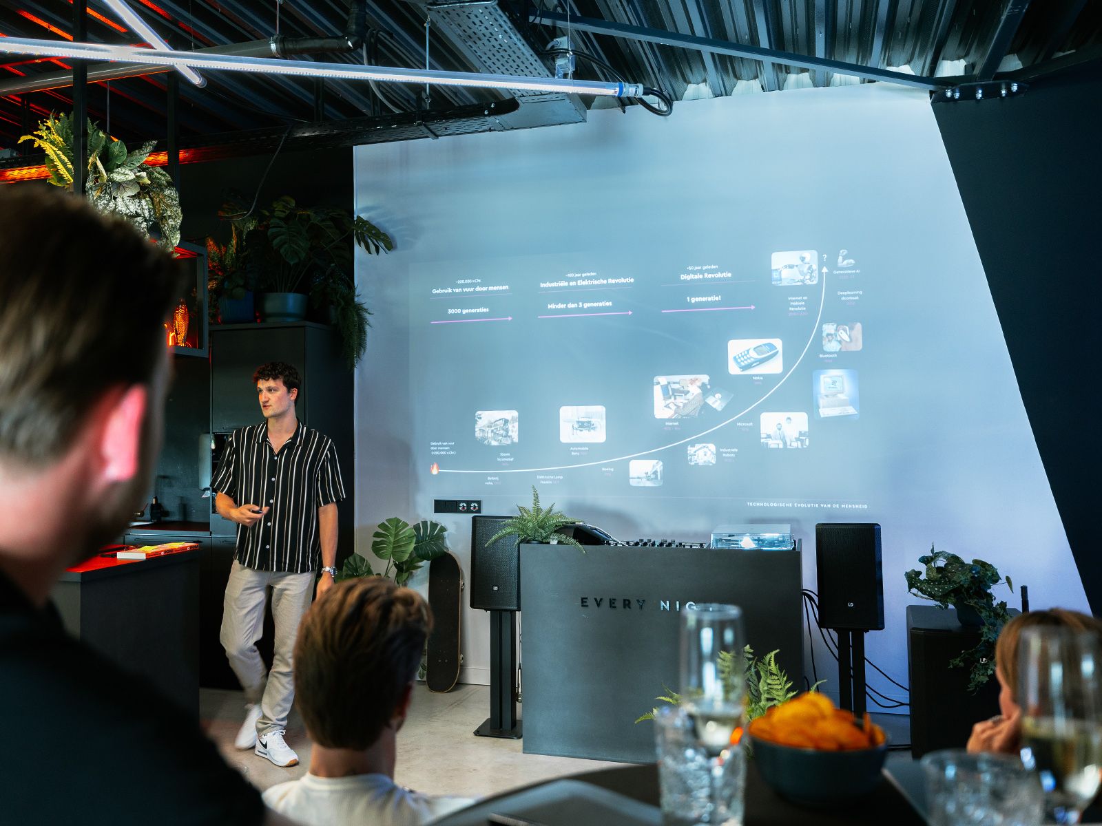 Man presenteert aan een kleine groep in een moderne kamer, projectiescherm achter hem.