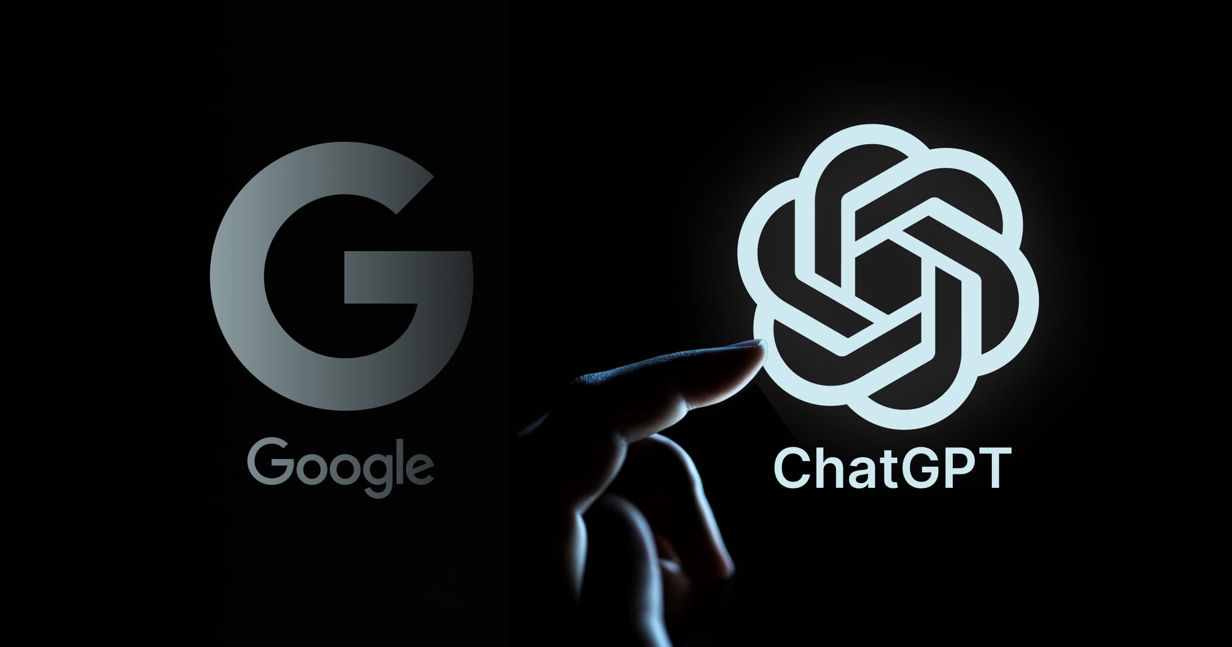 Hand wijst naar ChatGPT en Google-logo's op een donkere achtergrond.