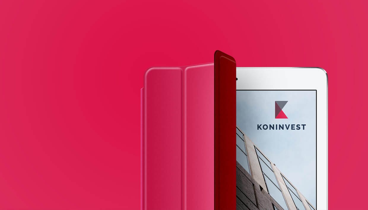 Een rode tablet met het KONINVEST-logo op een opvallende rode achtergrond.