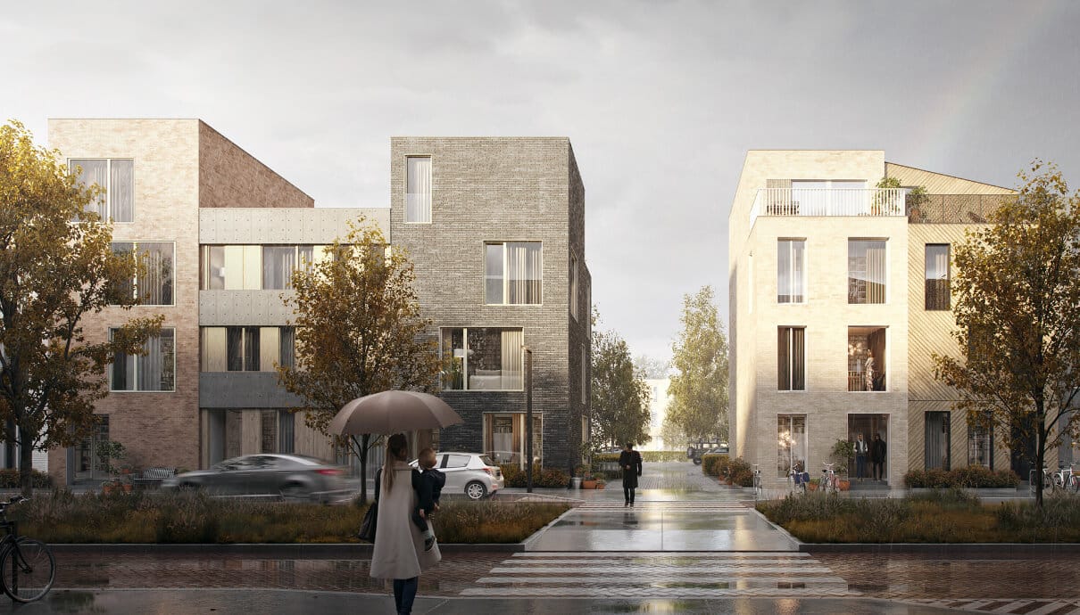Regenachtige straat, strakke CS Wonen-gebouwen. Bomen en parasols kleuren de grijze middag.