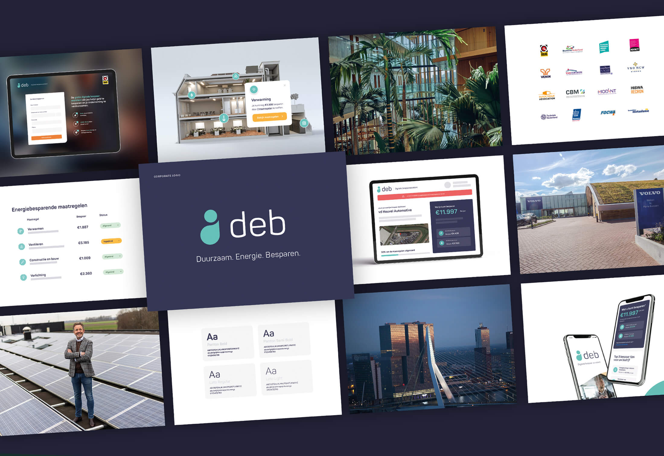 Collage van energiebeelden, technische interfaces en stadsgezichten met deb. Duurzaam. Energie. Besparen. logo & tekst.