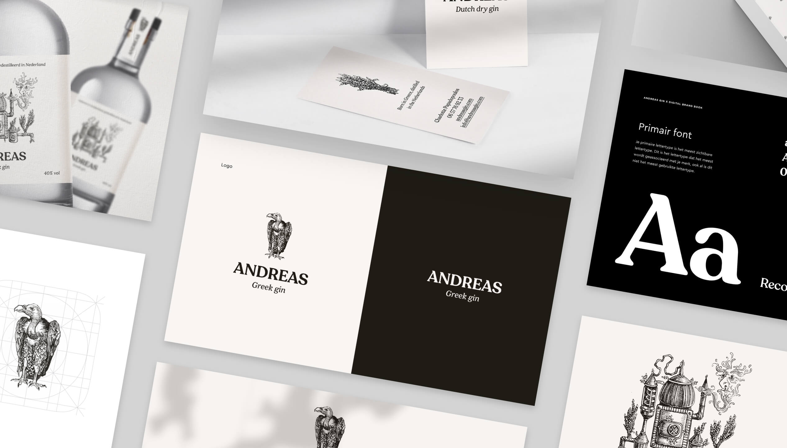 Flat lay-out van de branding van Andreas Greek Gin: logo's, lettertypen en flesontwerpen.