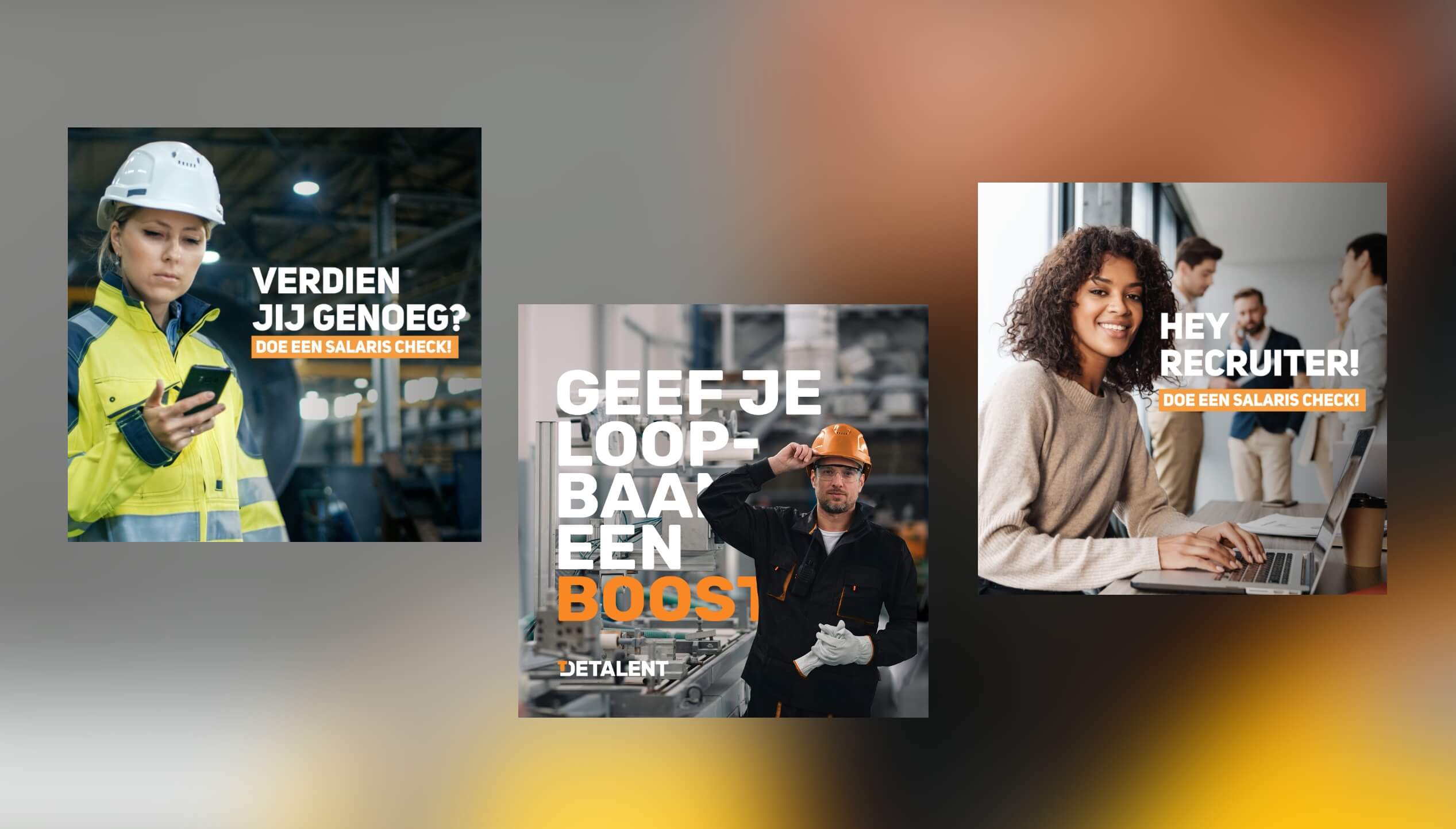Drie advertenties met werknemers met Nederlandse teksten op salarisstrookjes.