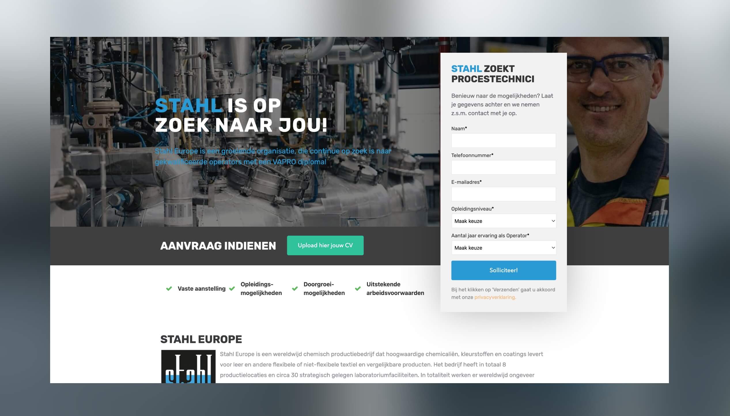 Vacaturesite met machinethema. Nederlandse tekst. Solliciteer via het formulier rechts.
