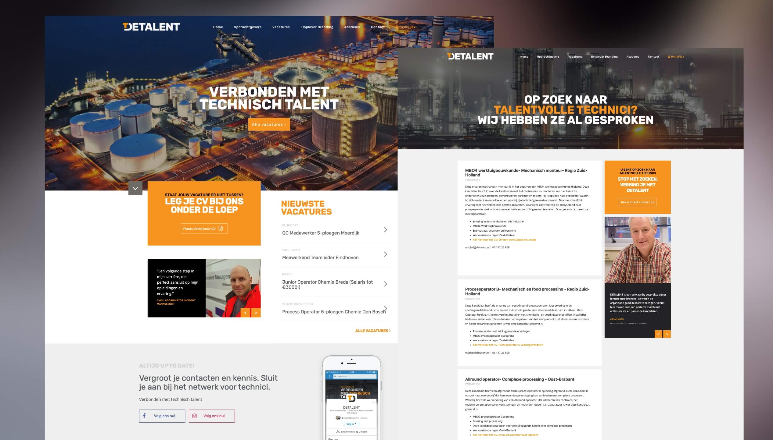Nederlandse site met een industrieel thema, met vacatures en informatie over het zoeken naar talent, gemarkeerd in oranje.