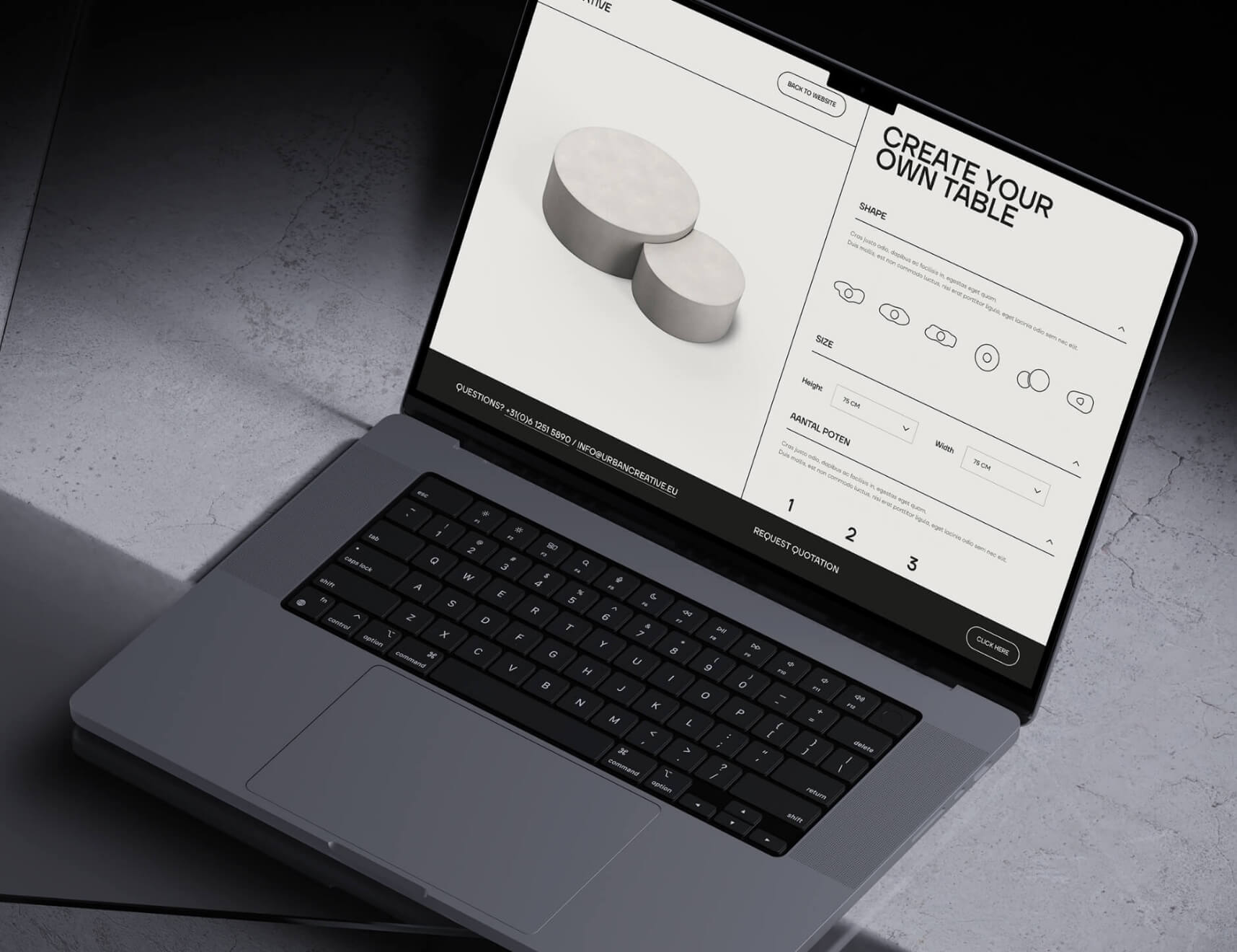 Laptop met een site voor het ontwerpen van minimalistische, ronde tafels op maat.