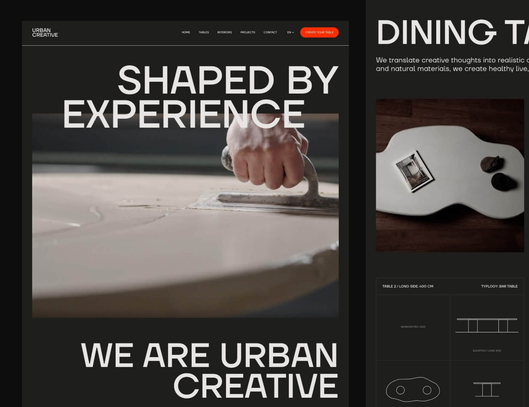 Website toont handgemaakt aardewerk. Vetgedrukte tekst: "Gevormd door ervaring. Wij zijn stedelijke creativiteit.