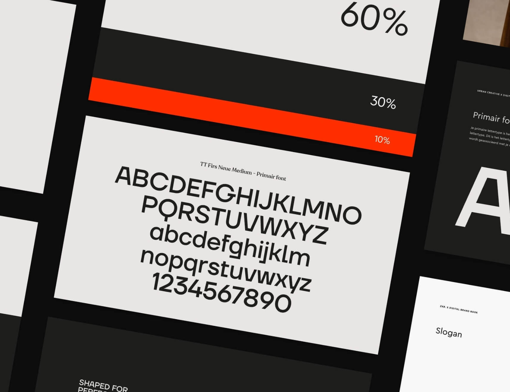 Typografische voorbeelden met percentages, met markering van moderne lettertypen: hoofdletters, kleine letters en cijfers.