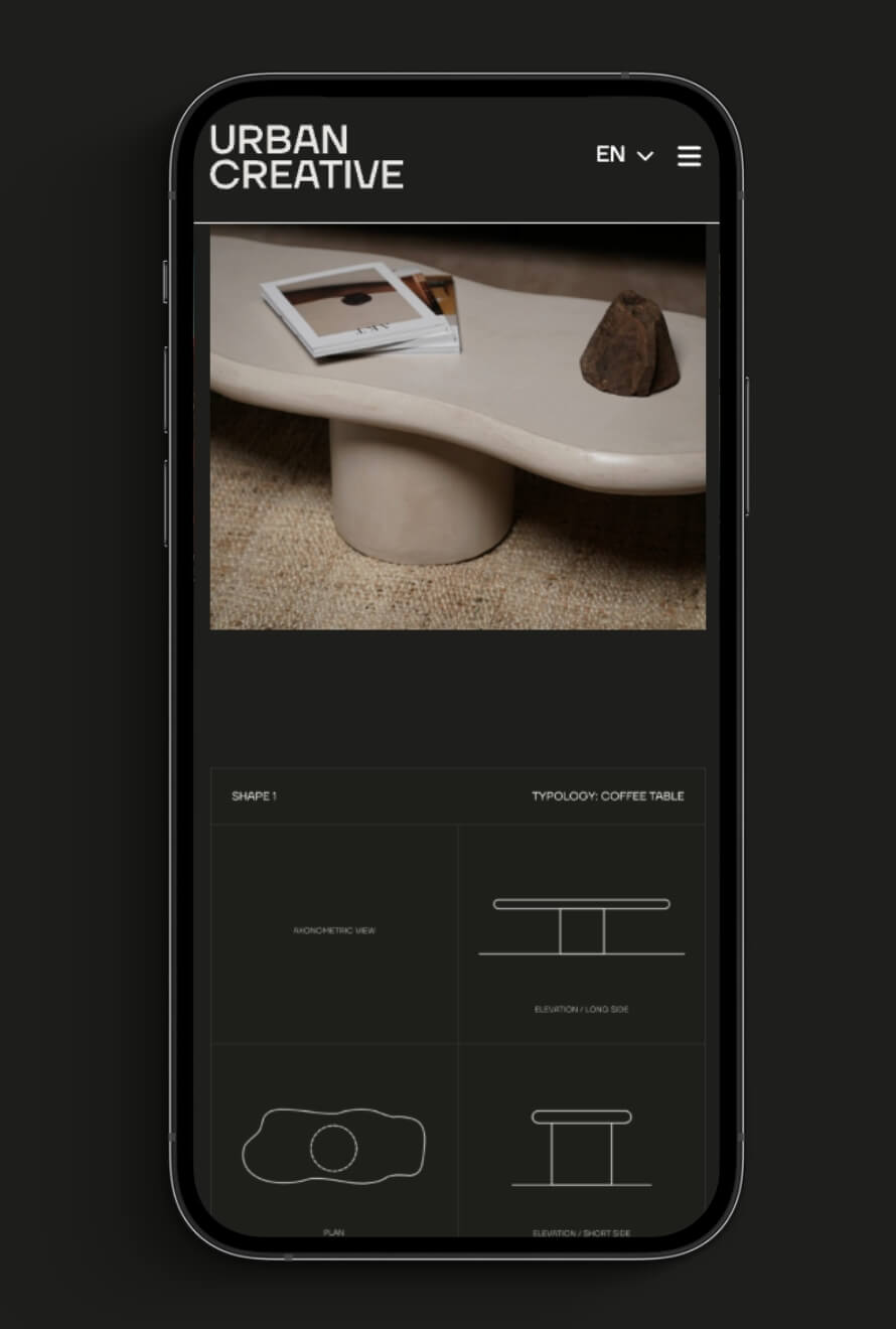 Smartphone met een trendy salontafelontwerp onder de kop Urban Creative.
