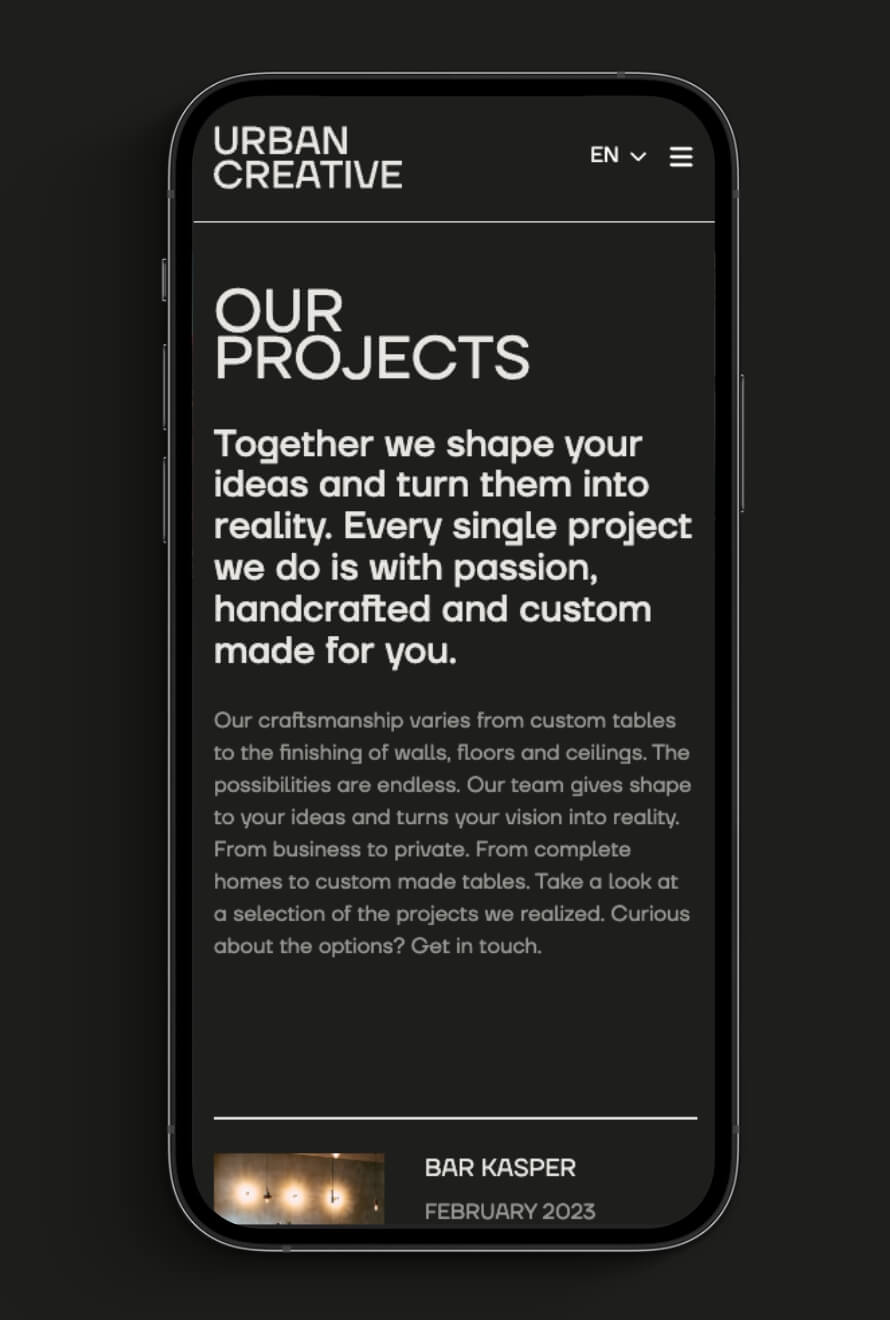 Projectpagina van Urban Creative op mobiel: ontdek op maat gemaakte ontwerpoplossingen.