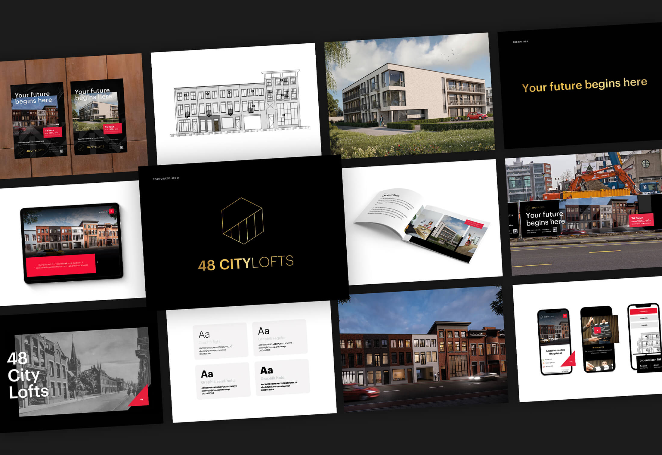 Collage met 48 City Lofts-branding, ontwerpen en promoties.