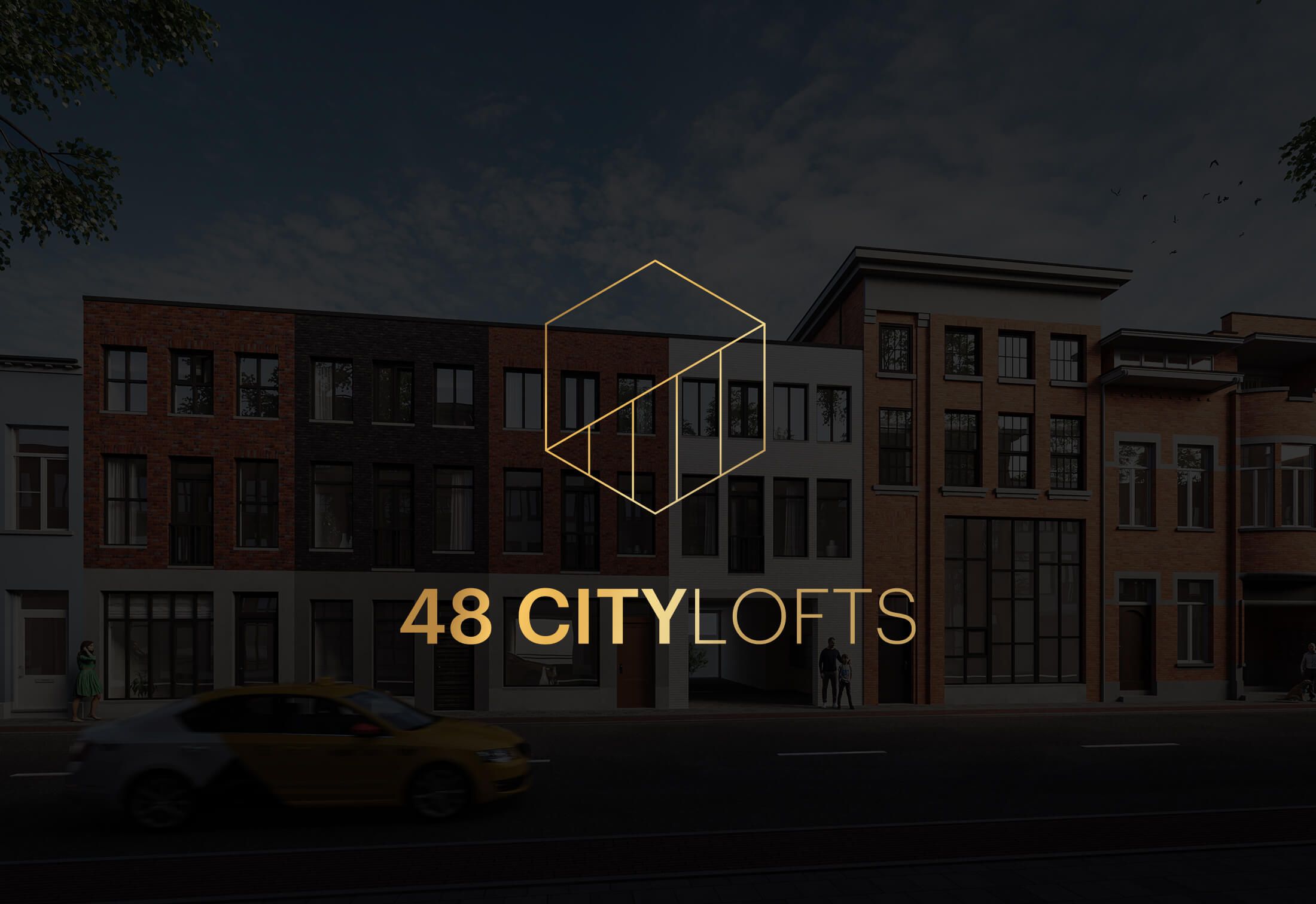 Nachtelijk stadsgezicht met moderne gebouwen en het logo van 48 CITY LOFTS in beeld.