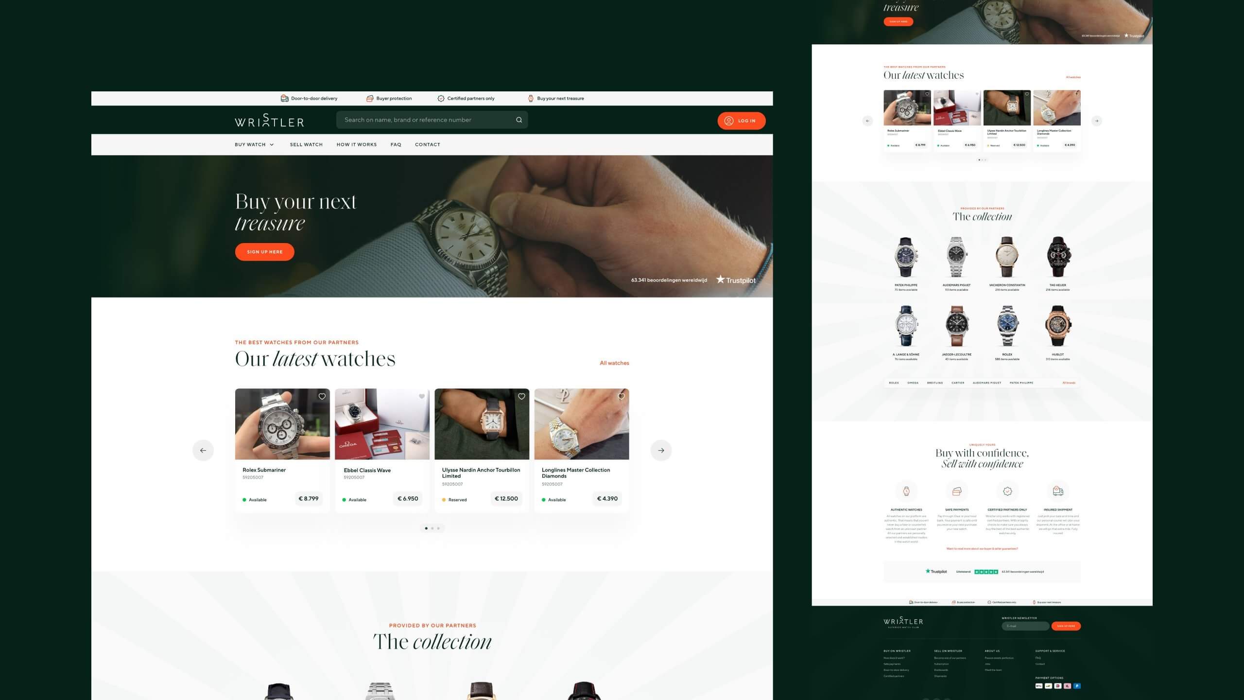 Mockup van een e-store voor luxe horloges: bekijk strakke productafbeeldingen en prijzen.