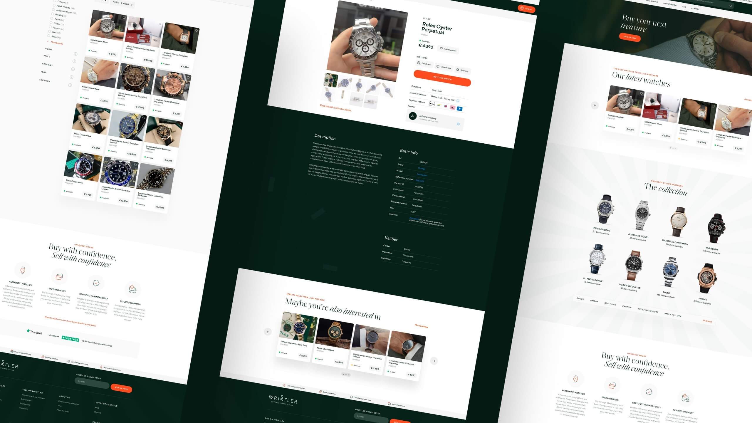 Drie webpagina's met informatie over polshorloges, prijzen, aankoopopties en authenticatie.