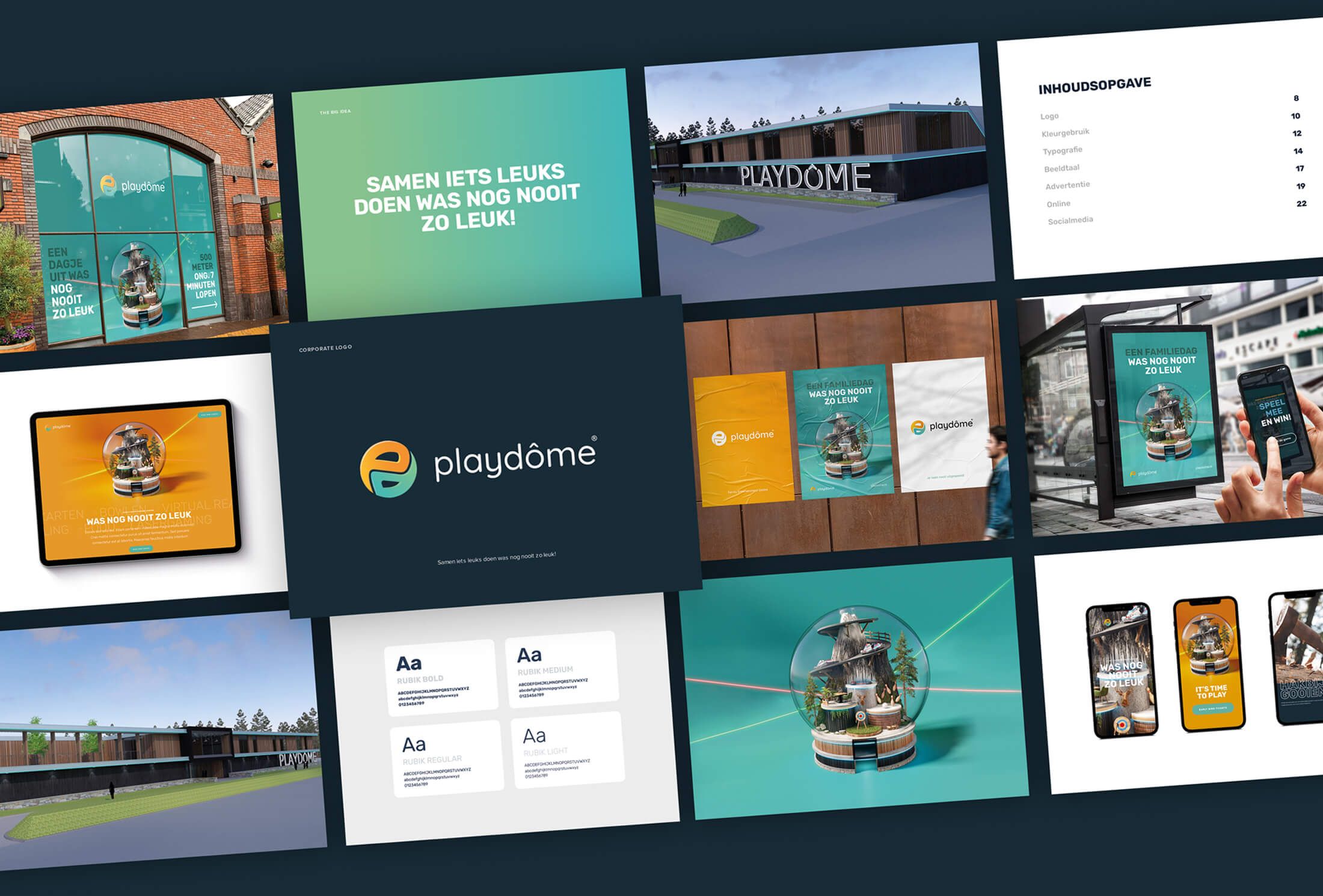 Collage met Playdôme-logo's, schermen, posters en gevels van gebouwen.